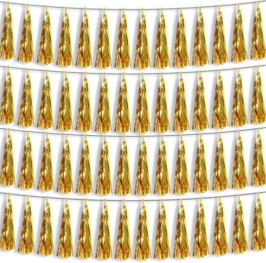 4P Gold Foil Fringe Metallic Tassel Streamers Banner Tassel Garland for Parade Floats, Bachelorette, Wedding, Birthday, Halloween, Christmas, Bridal/Baby Shower Party Decorations