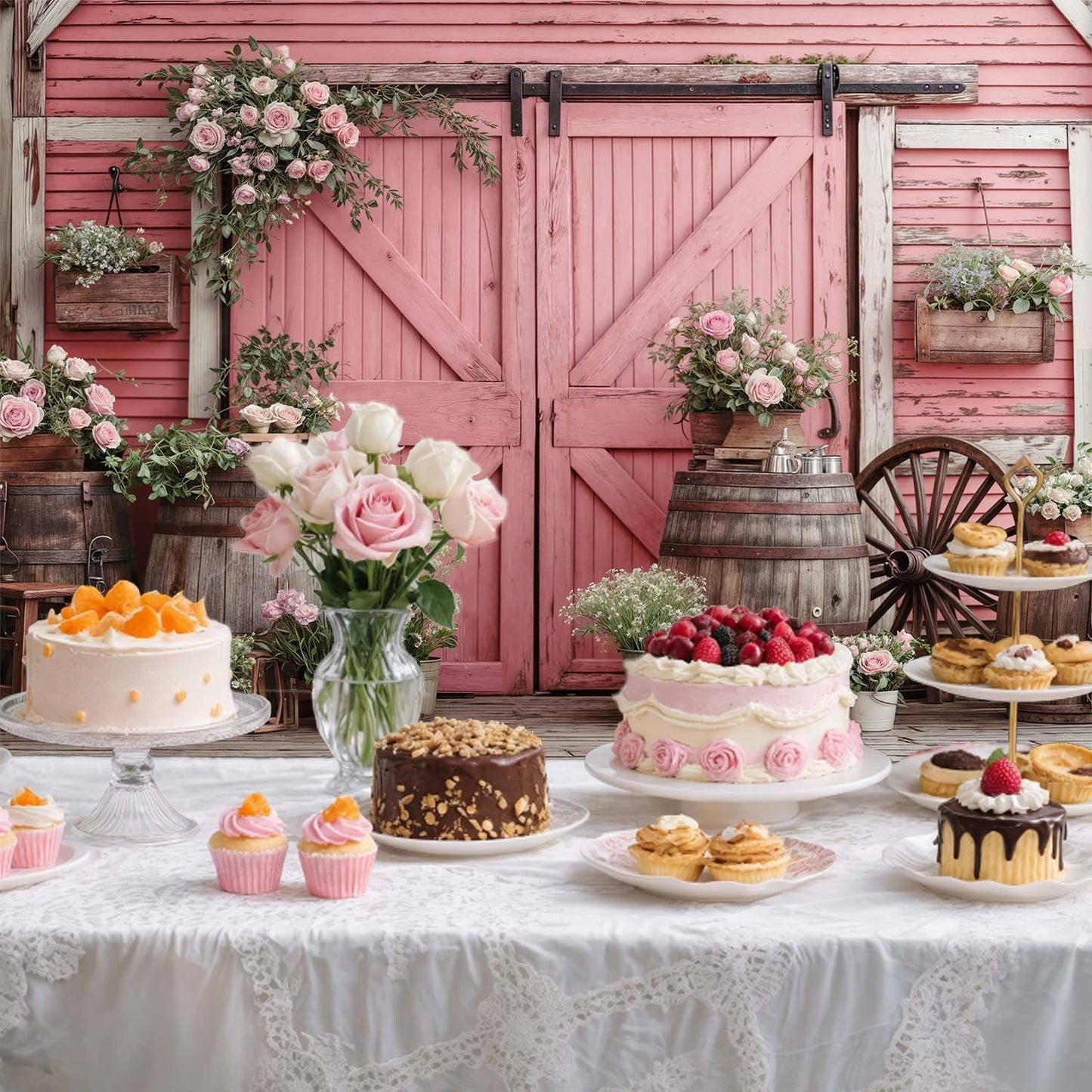 6x4ft Country Wedding Pink Photography Backdrop Rustic Wooden Barn Door Photography Backdrop Farmhouse Flower Western Girl Birthday Baby Shower Wedding Bridal Party Banner Photo Booth Props Background