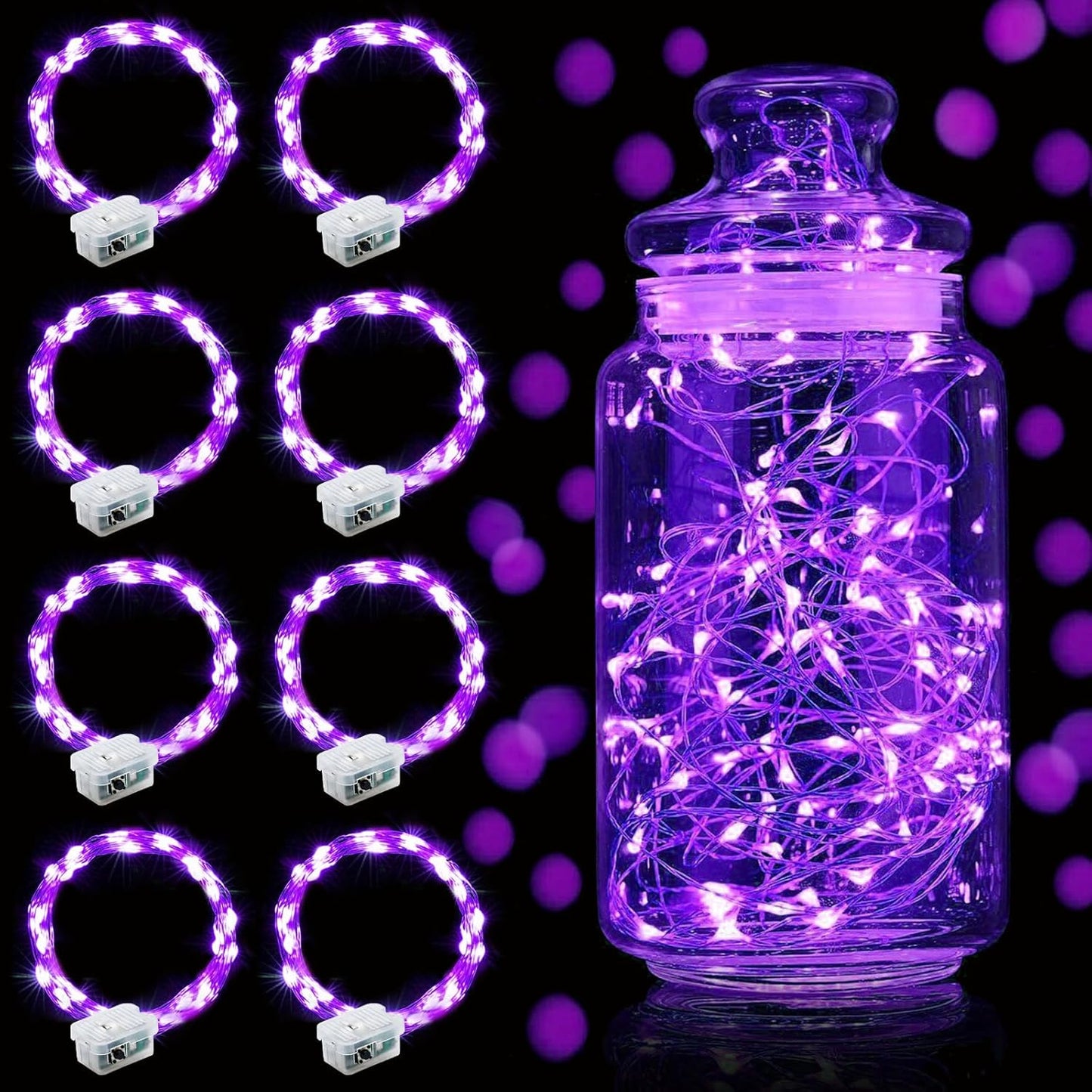 Aogist Led Fairy Lights 3 Modes Battery Operated String Lights Waterproof Silver Wire 7 Feet Firefly Starry Moon Mason Jar Lights for DIY Wedding Party Christmas (Purple, 8 Pack)