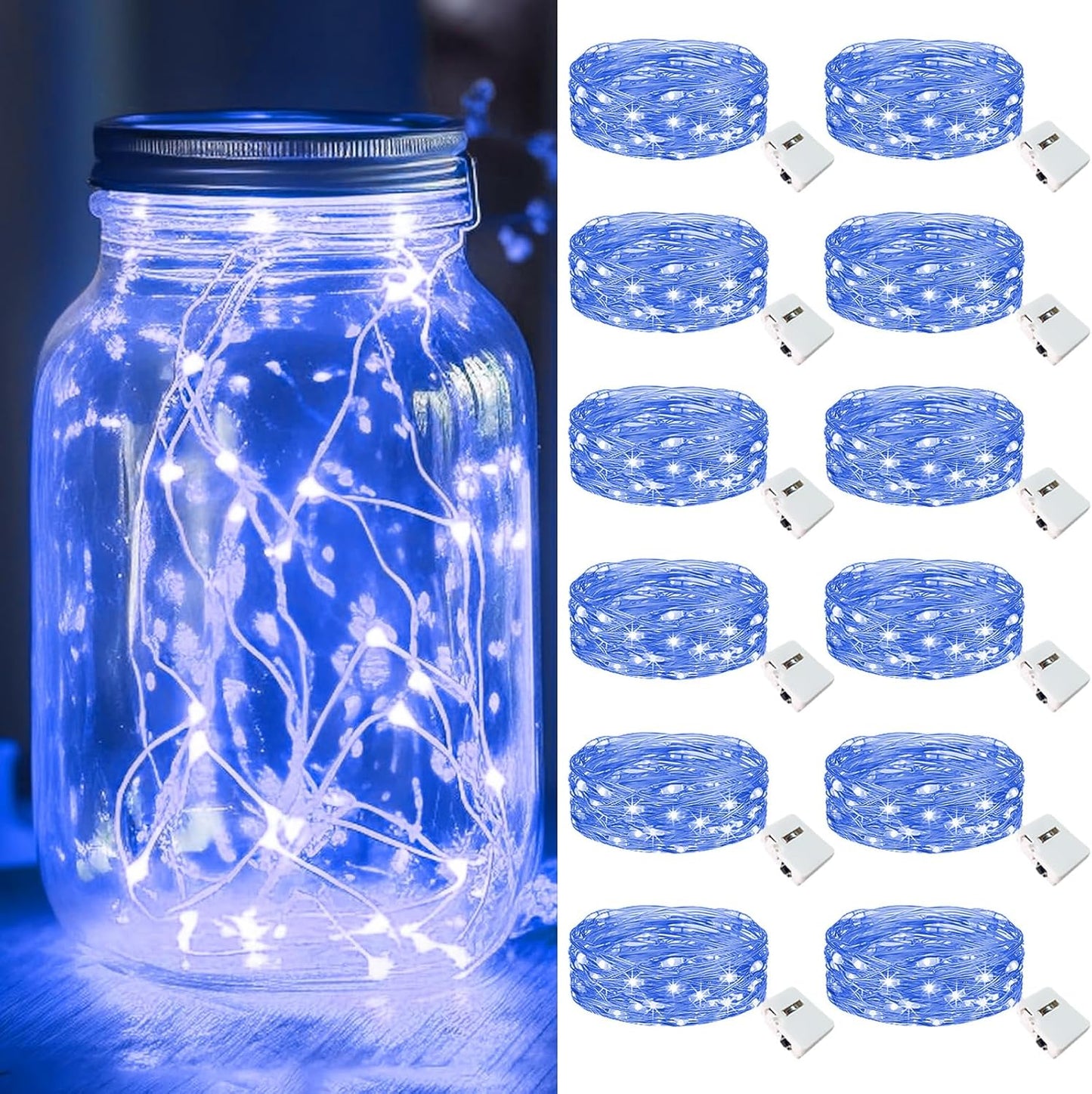 kolpop 12 Pack LED Fairy Lights Battery Operated, Mini Twinkle String Lights Battery Powered Waterproof for Christmas Mason Jars Party,Blue