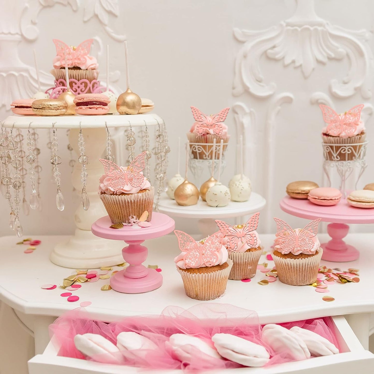 Gyufise 36 Pack Pink Glitter 3D Cupcake Toppers - Hollow Butterfly Cake Decorations for Birthday Wedding Fairy Party - Wall Sticker Decal for Background Wall Decoration
