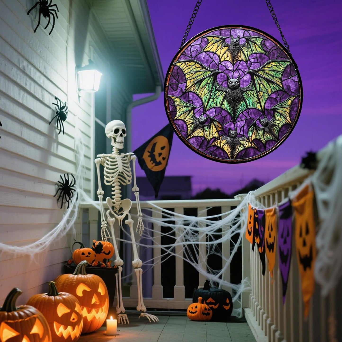 Stained Glass Window Hanging - Halloween Decorations Bats Suncatcher for Doors Garden Indoor Spooky Funny Purple Sun Catchers Gothic Decor Horror Gifts for Women Men Friend 7.8 in
