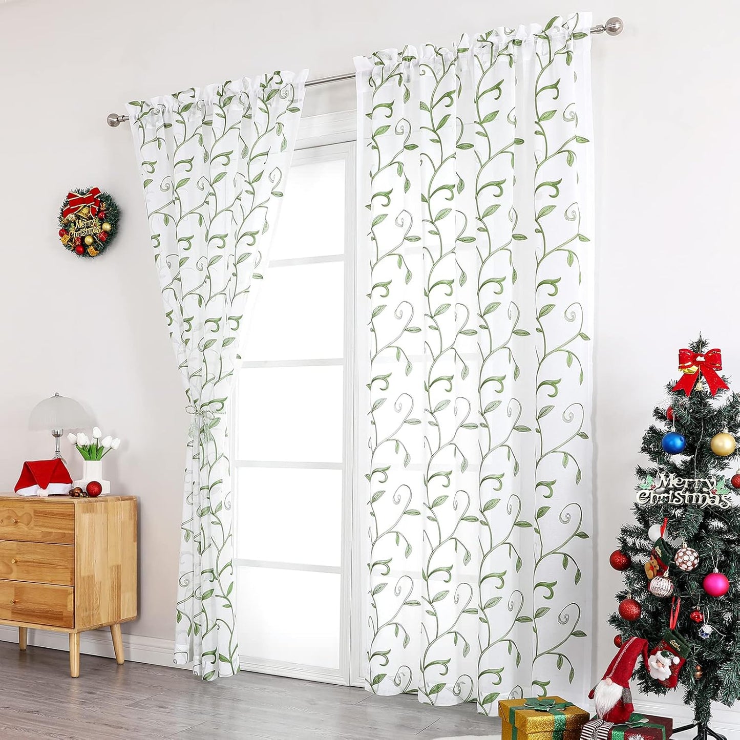 VISIONTEX Embroidered Green Sheer Voile Curtains, Leaves Embroidery Faux Linen Rod Pocket Window Drapes for Living Room and Girls Bedroom 54 x 63 Inch, Set of 2 Curtain Panels