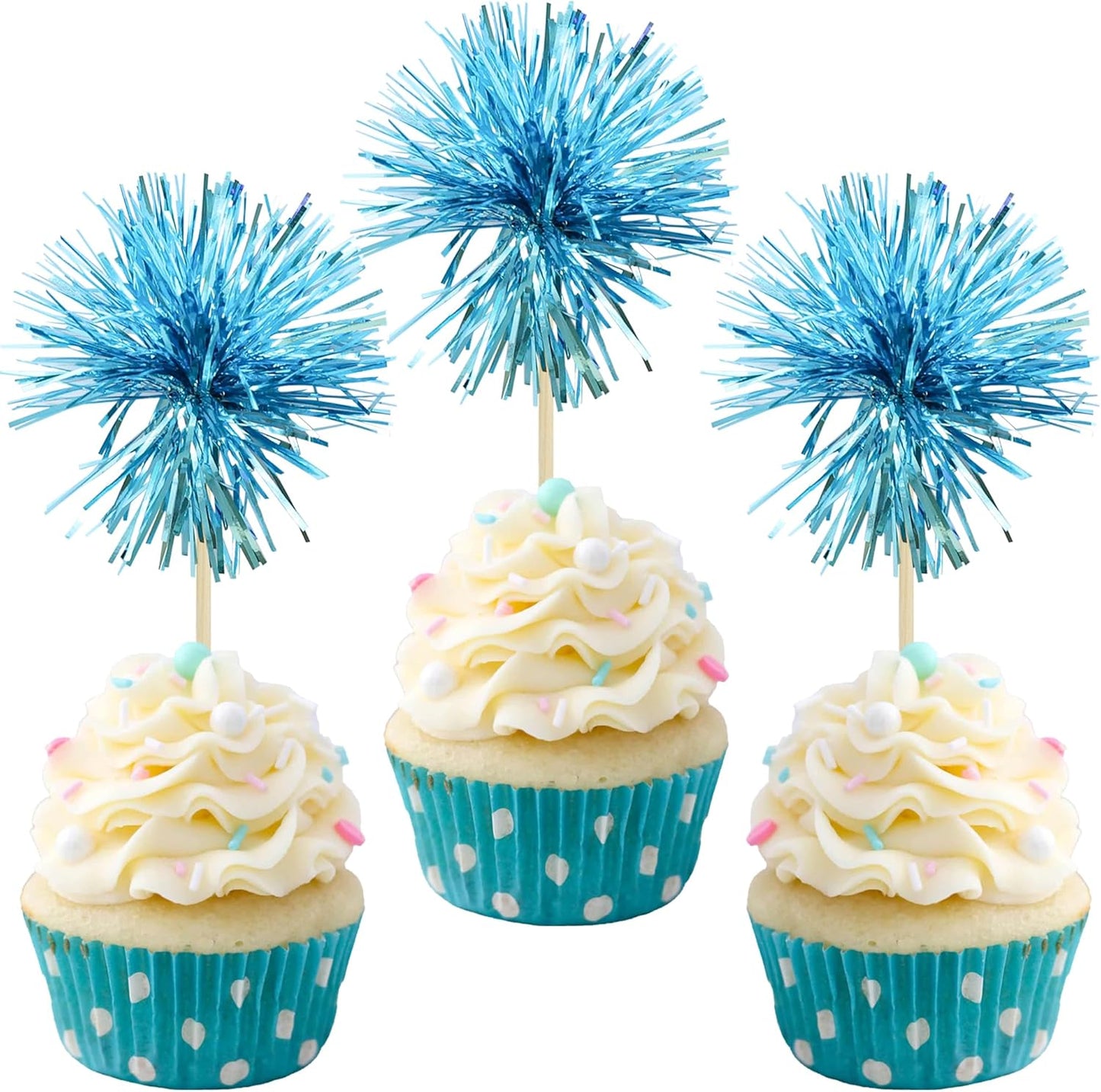 Gyufise 30Pcs Foil Firework Cupcake Toppers Sparkle Tinsel Cake Toppers Tinsel Drink Cake Decoration Cocktail Picks for Birthday Wedding Graduation Party Supplies Lake Blue
