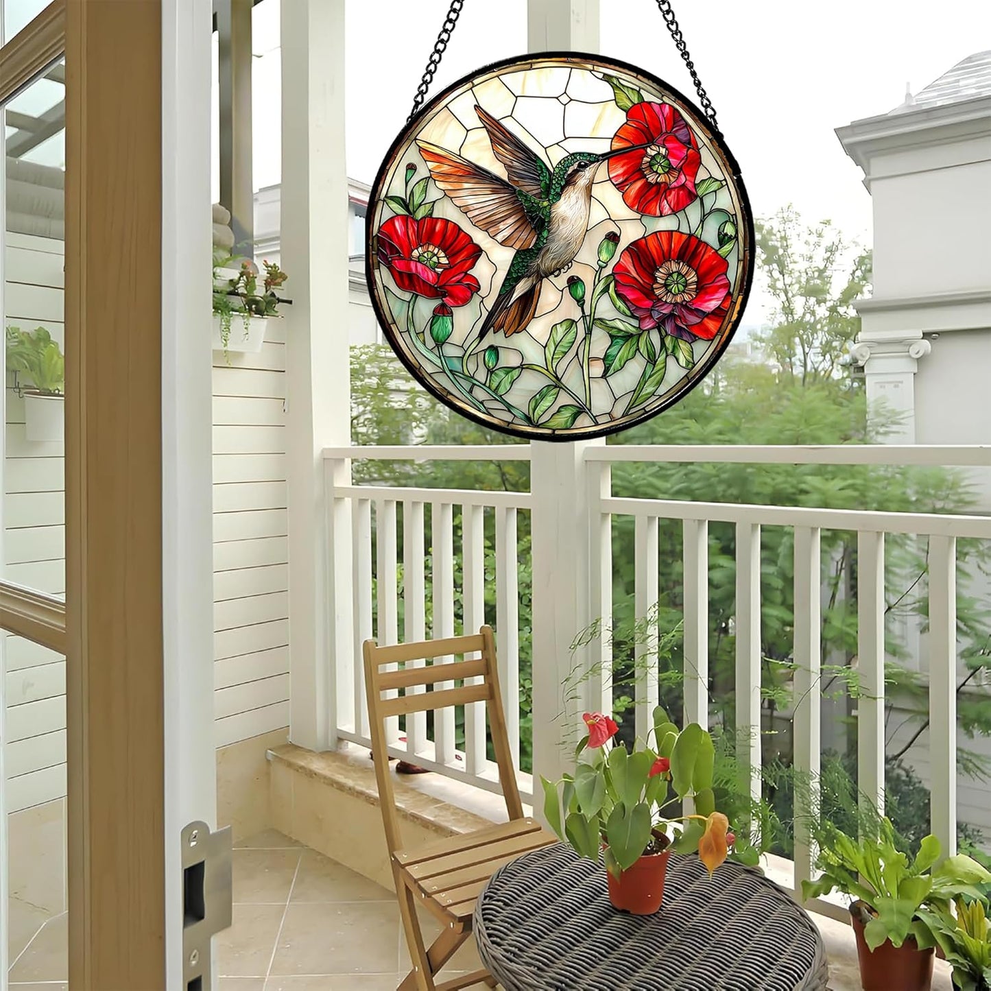 Stained Glass Window Hanging - Green Hummingbird Red Flower Suncatcher for Door Terrace Garden Home Decor Bird Landscape Sun Catcher Birthday Gifts for Lovers Women Men Dad Mom Nana 7.8 in