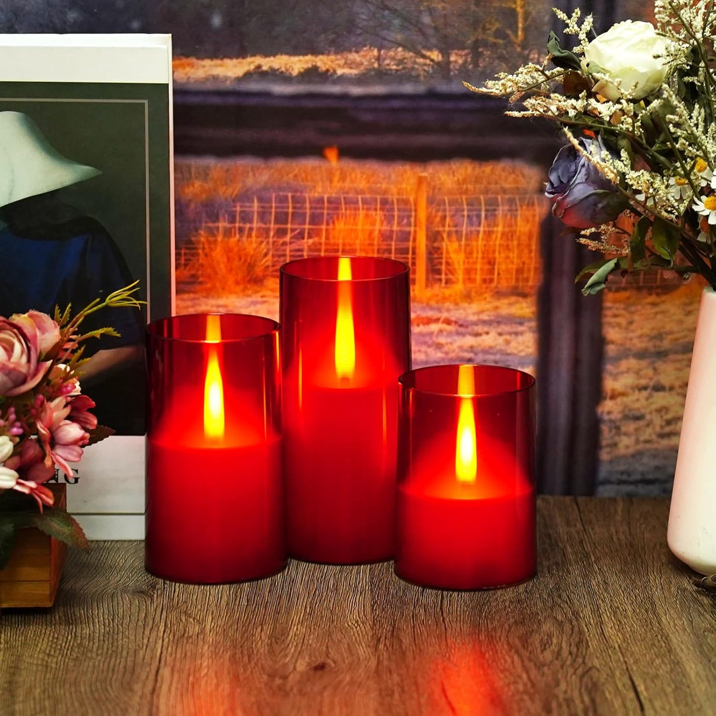 Flameless LED Candles, Upgraded Realistic Flickering Flame Pillar Battery Operated Candles with Remote Timer, Acrylic Electric Set of 3 for Home Decoration and Holiday Celebrations（Red）