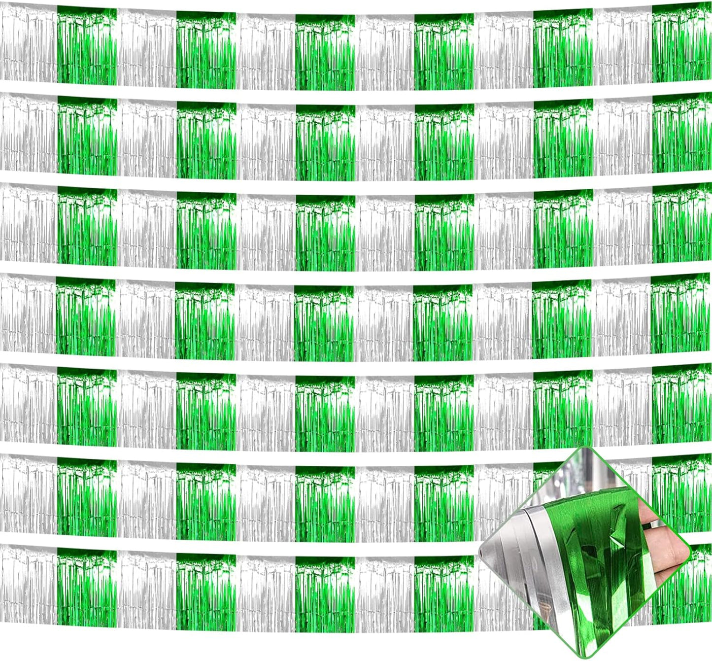 10 Pack 10 Feet Foil Fringe Garland Metallic Tinsel Streamers Banner Wall Hanging Backdrop for Parade Floats, Bachelorette, Wedding, Birthday, Mardi Gras St Patrick Day Party Decorations(Silver Green)
