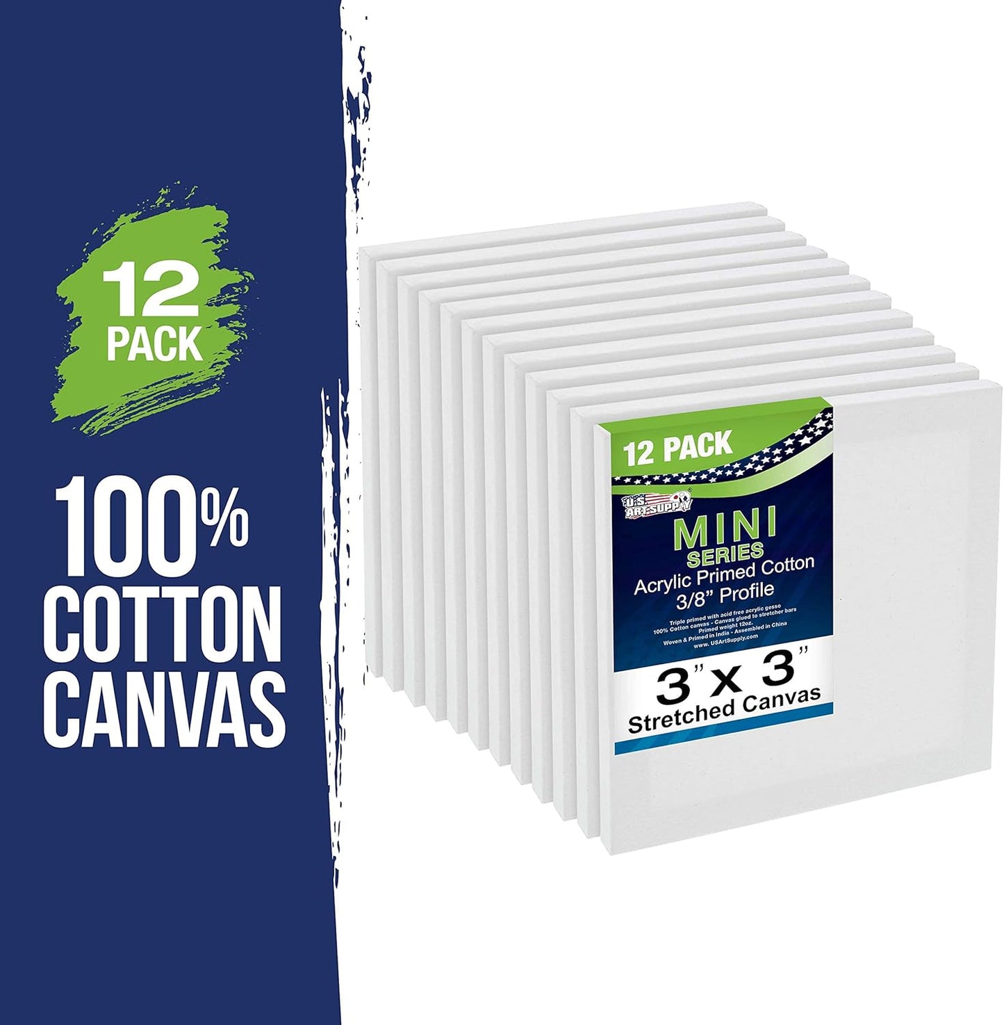 U.S. Art Supply 3" x 3" Stretched Canvas with 5" Mini Easel Kit (12 Pack) - Black Wooden A-Frame Tabletop Display Stand, Mini Easel Stand - Small Easels for Display, Small Canvases, Crafts, Photos