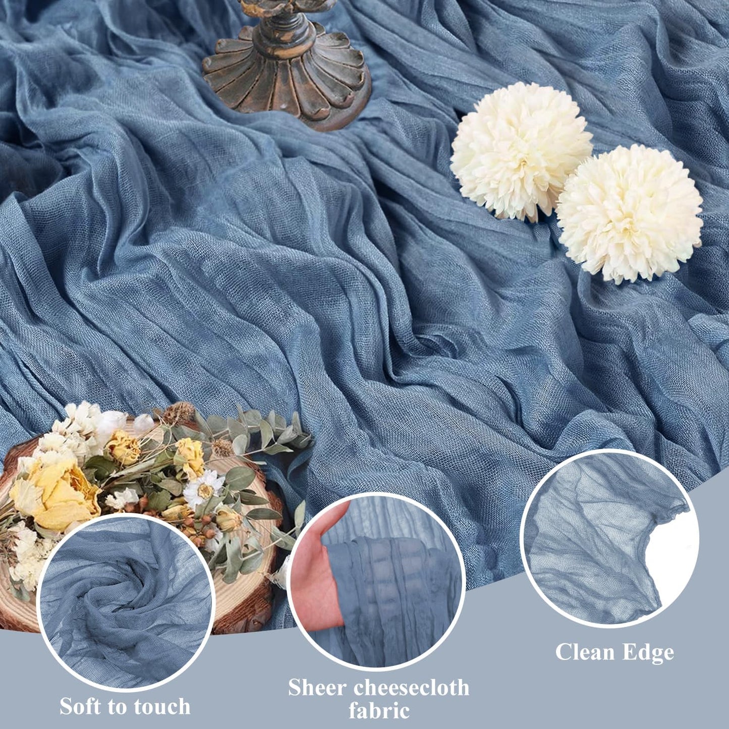 Asee'm 3pcs Cheesecloth Table Runner 120 Inches Dusty Blue Boho Gauze Cheese Cloth Runner 10FT Rustic Sheer Table Runners for Centerpiece Wedding Baby Shower Spring Easter Decoration