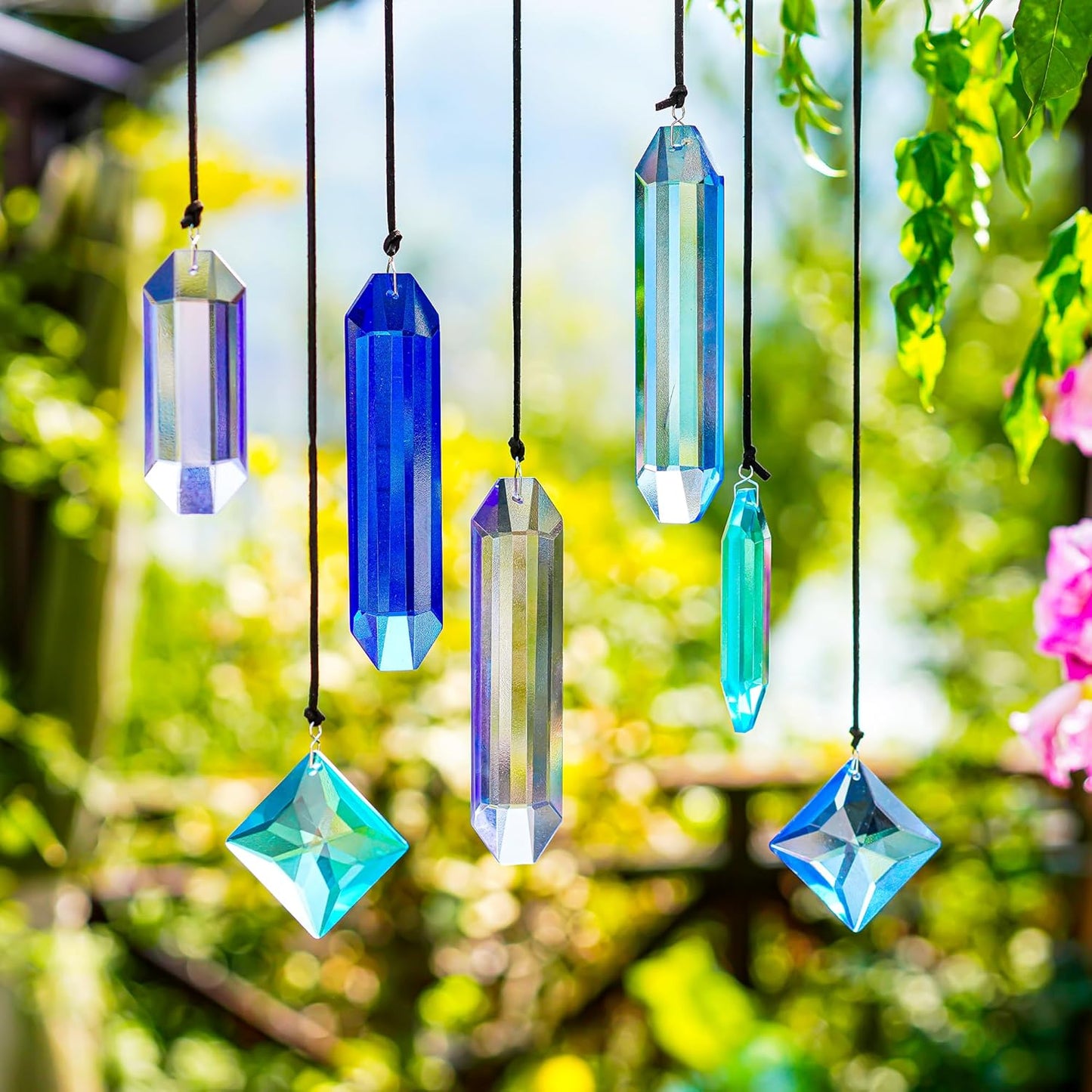 HDCRYSTALGIFTS Crystal Prisms Sun Catchers Hanging, 7PCS Blue Dreams Suncatcher Rainbow Maker Sun Catcher Indoor Window Home Garden Christmas Tree Decor