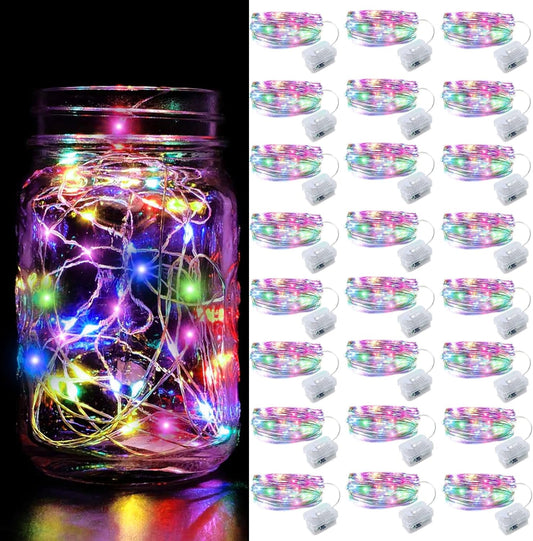 Aogist 24 Pack Fairy Lights 3 Modes 7ft 20 LED Waterproof,Battery Operated Silver Wire Firefly Starry Moon Mini String Lights for Mason Jars Christmas DIY Crafts Wedding Party Bedroom,Multicolor