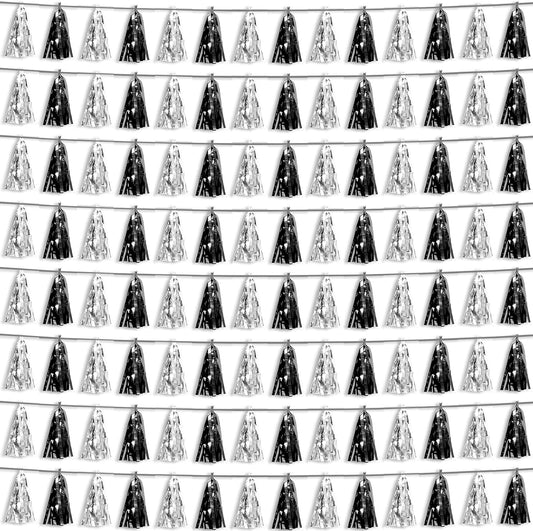 8P Black Silver Foil Fringe Metallic Tassel Streamers Banner Tassel Garland for Parade Floats, Graduation, Wedding, Birthday, Halloween, Christmas, Bridal/Baby Shower Party Decorations