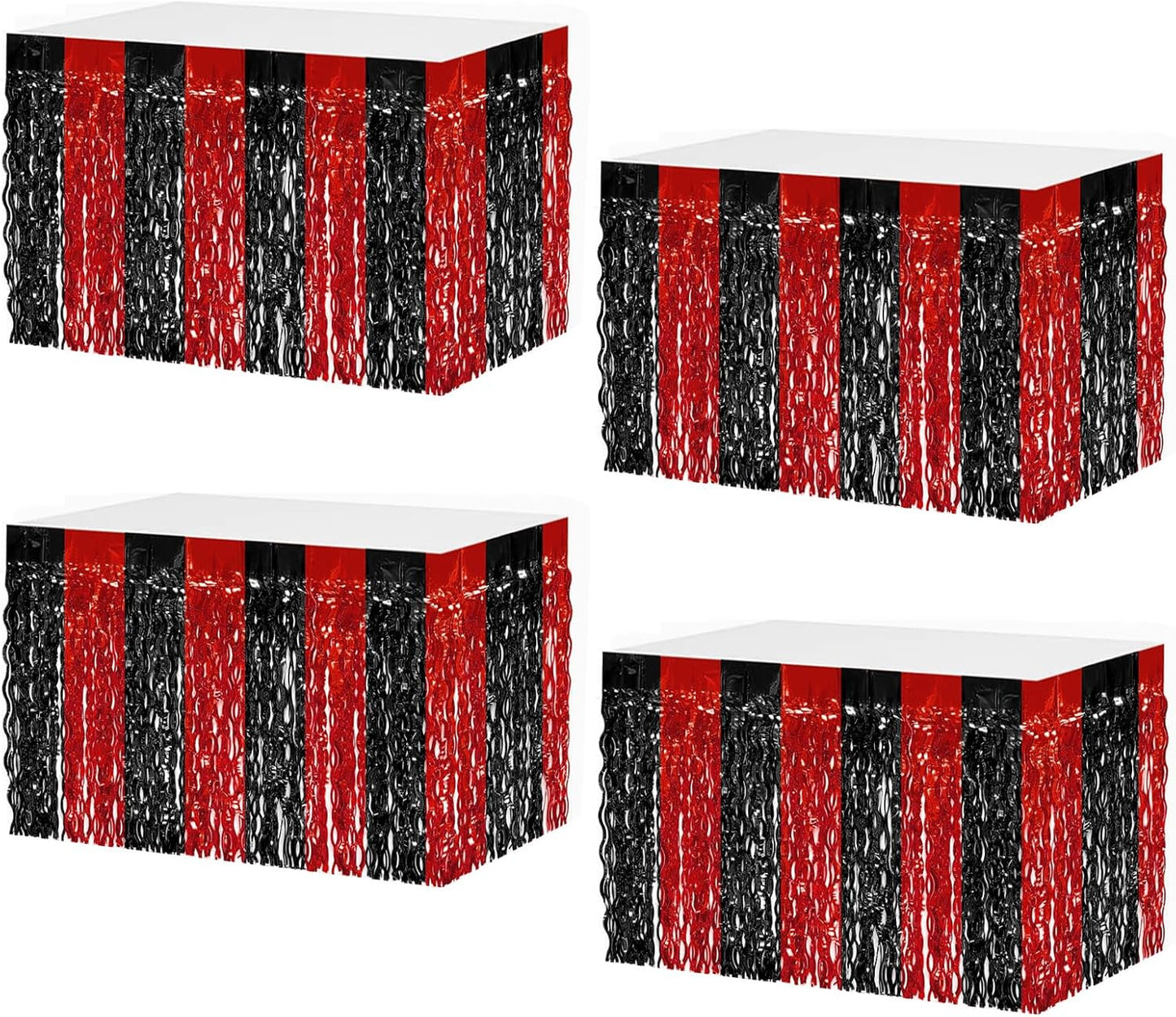 4P Wavy Metallic Tinsel Foil Fringe Table Skirts for Rectangle Tables Backdrop Garland Curtains for Parade Floats Wedding Birthday Parties Decoration Graduation 2025 Christmas (Black Red)