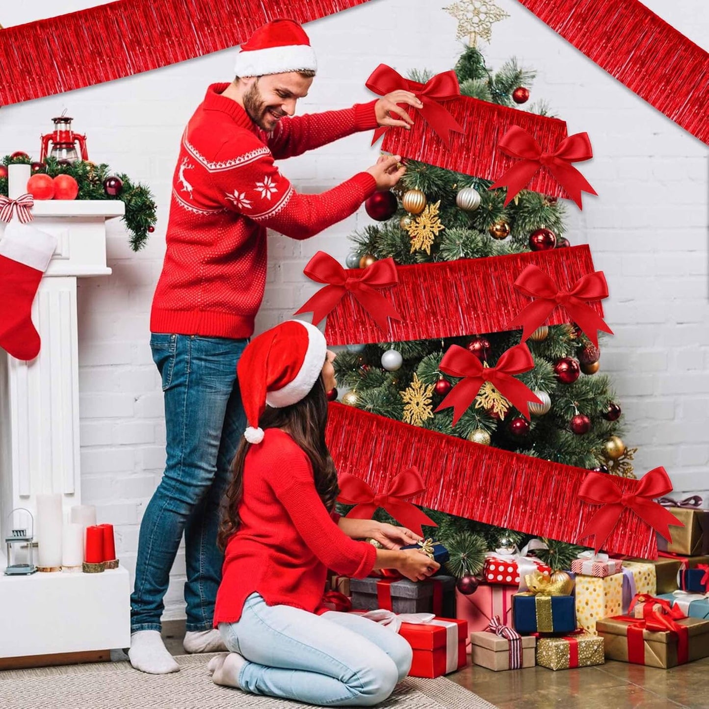 4 Pack 10 Ft Red Foil Fringe Garland Metallic Streamers Tinsel Banner Wall Hanging Garland Backdrop for Parade Floats, Halloween, Christmas, Thanksgiving, New Year Party Decorations