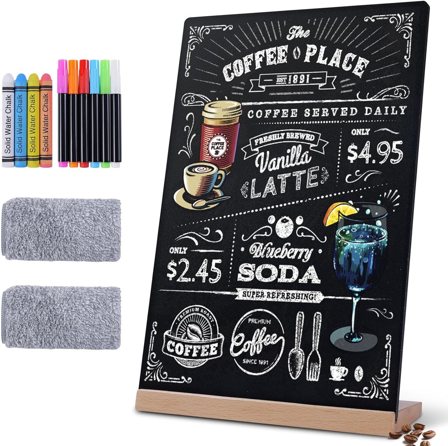 8 x 12 Chalkboard Sign, Reusable Double Sided Small Chalkboard Signs with Wooden Base Stand, Menu Chalk Board Sign Store Food Signs for Party, Tables Decoration, Bar and Restaurant (1 Pack)