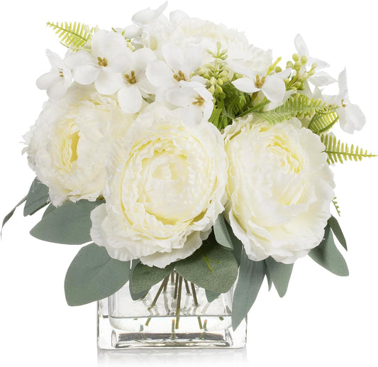 ENOVA FLORAL Artificial Flower Arrangement with Vase,Mixed Artificial Silk Peony Flower in Vase for Decoration Home Office, Wedding Centerpiece (Cream02)