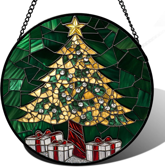 Stained Glass Window Hanging - Golden Christmas Tree Suncatcher for Doors Home Christmas Decoration Winter Sun Catcher Thanksgiving New Year Birthday Gifts for Women Men Mom Nana Girl 9.8 in