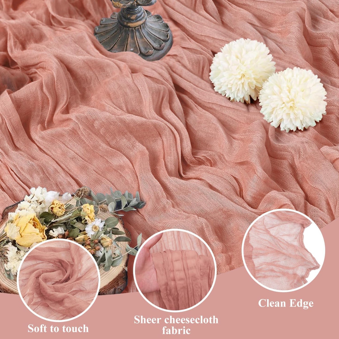 Asee'm 12pcs Cheesecloth Table Runner 120 Inches Dark Rose Boho Gauze Cheese Cloth Runner 10FT Rustic Sheer Table Runners for Summer Wedding Baby Shower Holiday Party Decoration