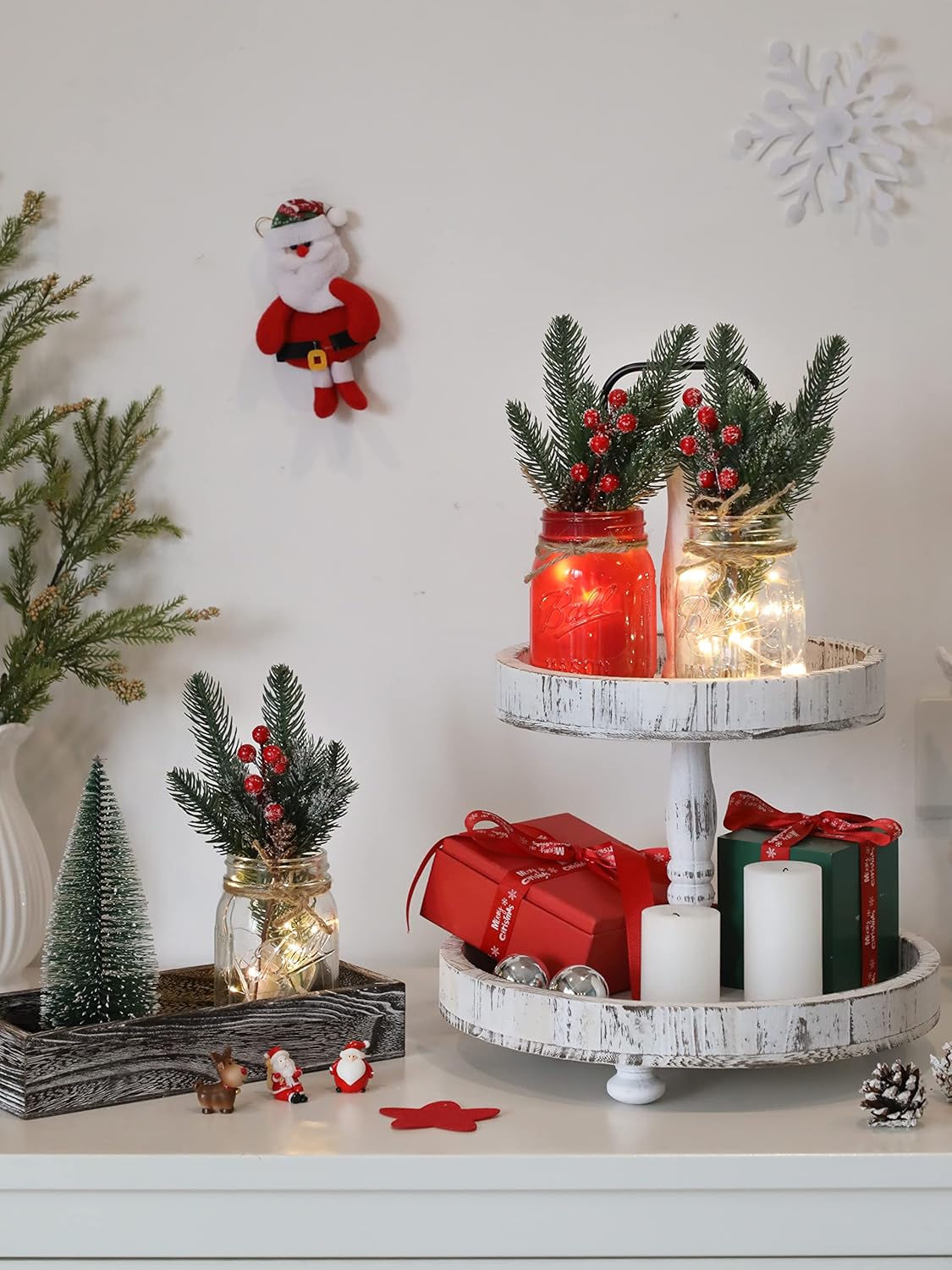 Christmas Mason Jars, Christmas Centerpiece Table Settings, Wood Tray with 3 Painted Jars, Dining Coffee Table Centerpiece, For Kitchen, Living Room, Red Mason Jar Decor with Flowers