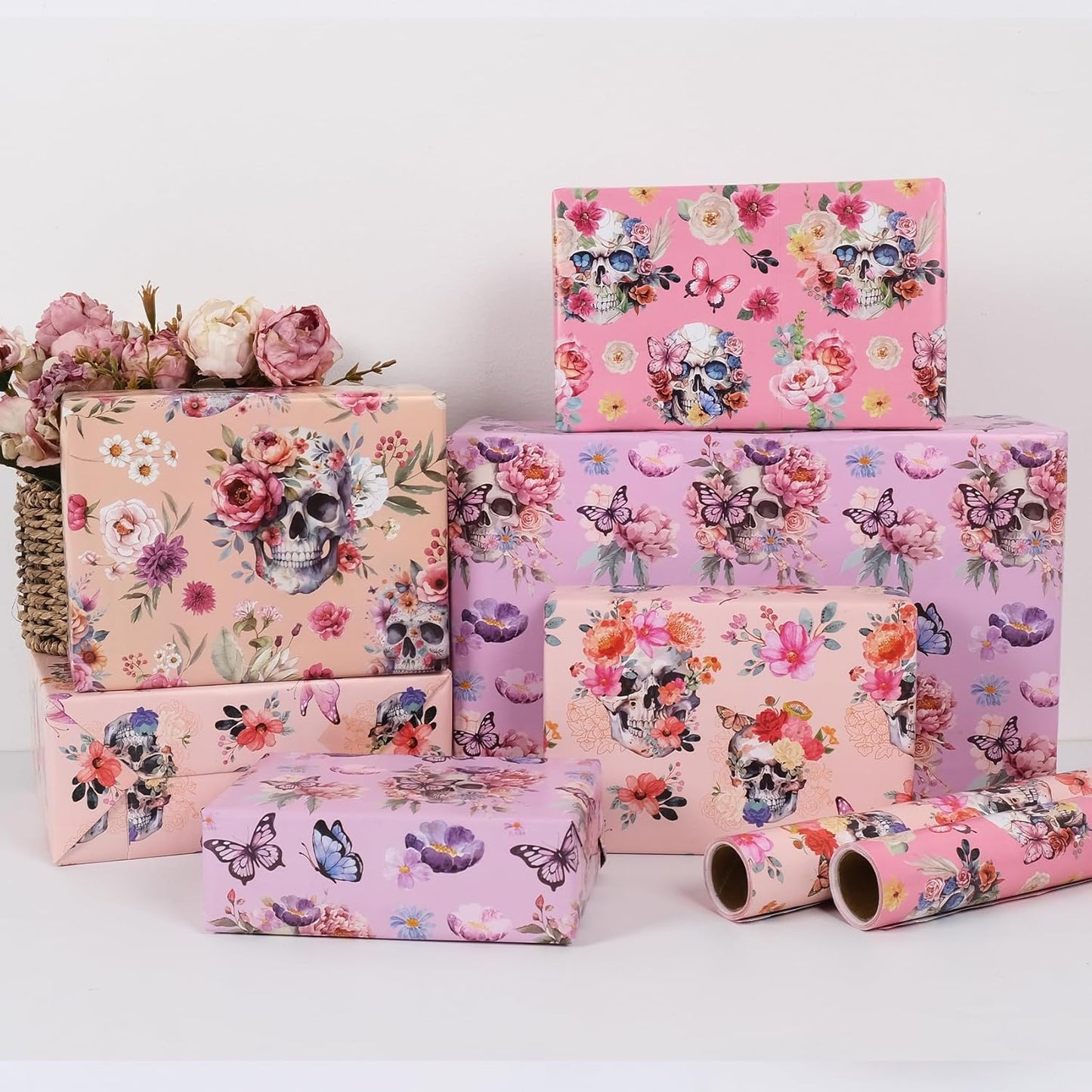 Aimyoo Gothic Wrapping Paper Rolls, 17 Inch X 16.5 Feet - 4 Rolls - Skull Floral Butterfly Design Gift Wrap Paper for Mother's Day, Birthday Bridal Shower