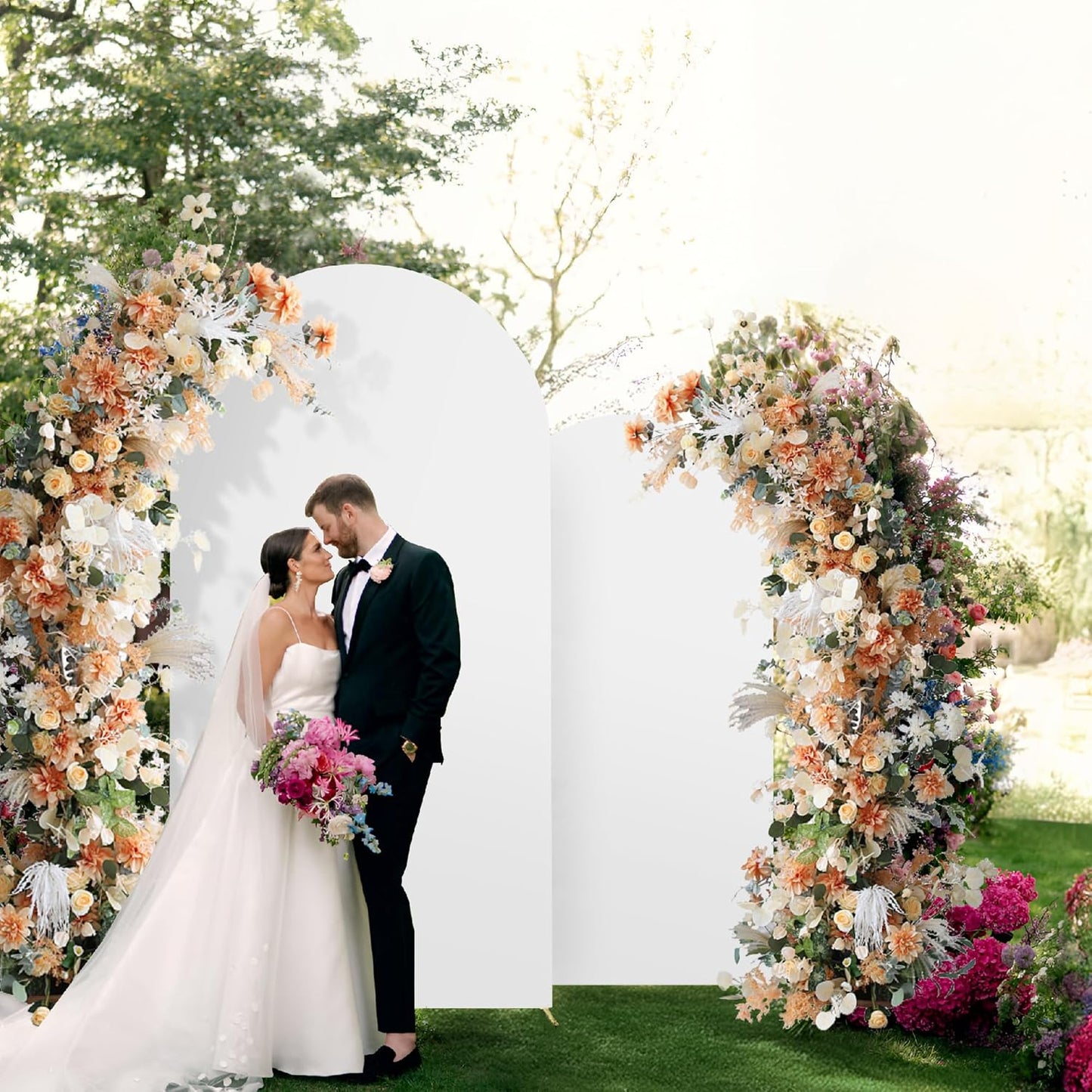Set of 2 Arch Backdrop Cover, High Elastic Wrinkle-Resistant Arch Cover, Spandex Fabric Thick Opaque Round Top Chiara Backdrop for Wedding Birthday Baby Shower Garden Decor 6FT, 7.2FT, White