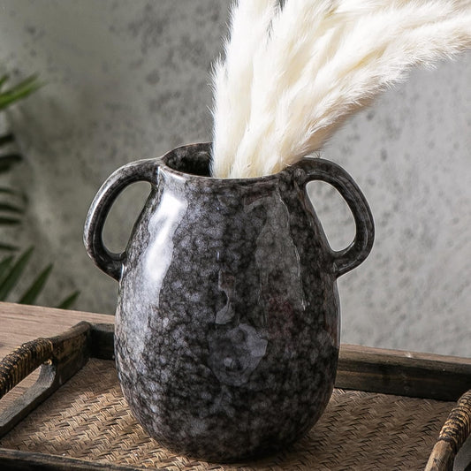 Ceramic Modern Farmhouse Vase with 2 Handles, Black Ceramic Vases for Home Decor, Rustic Pottery Vase, Decorative Terracotta Flower Vase, Boho Clay Vase for Table Living Room Shelf Mantel Decor