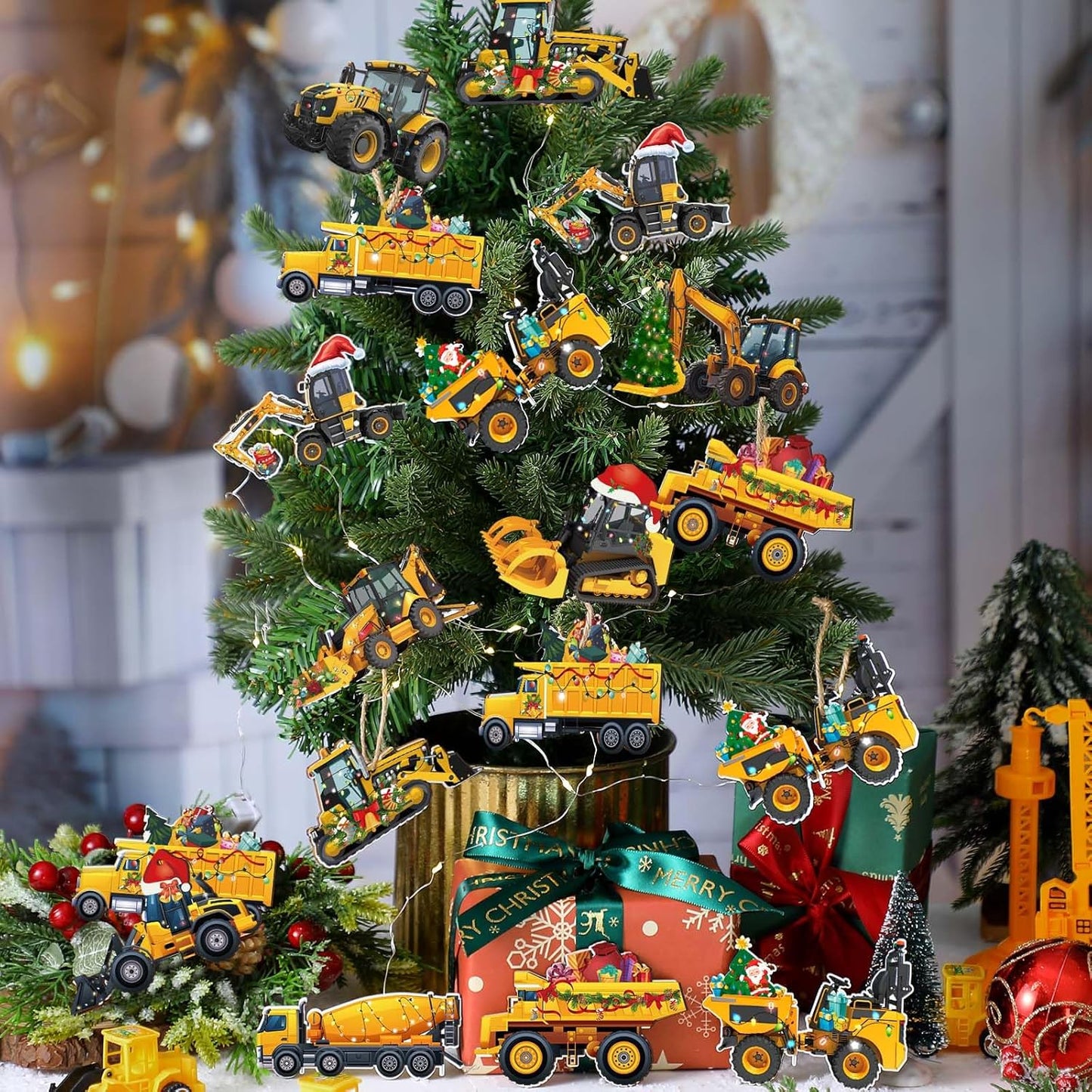 Suzile 36 Pcs Christmas Wooden Ornaments Christmas Construction Truck Ornaments Decoration Vintage Excavator Tree Decoration Construction Truck Hanging Crafts for Farmhouse Home Xmas Party Decor