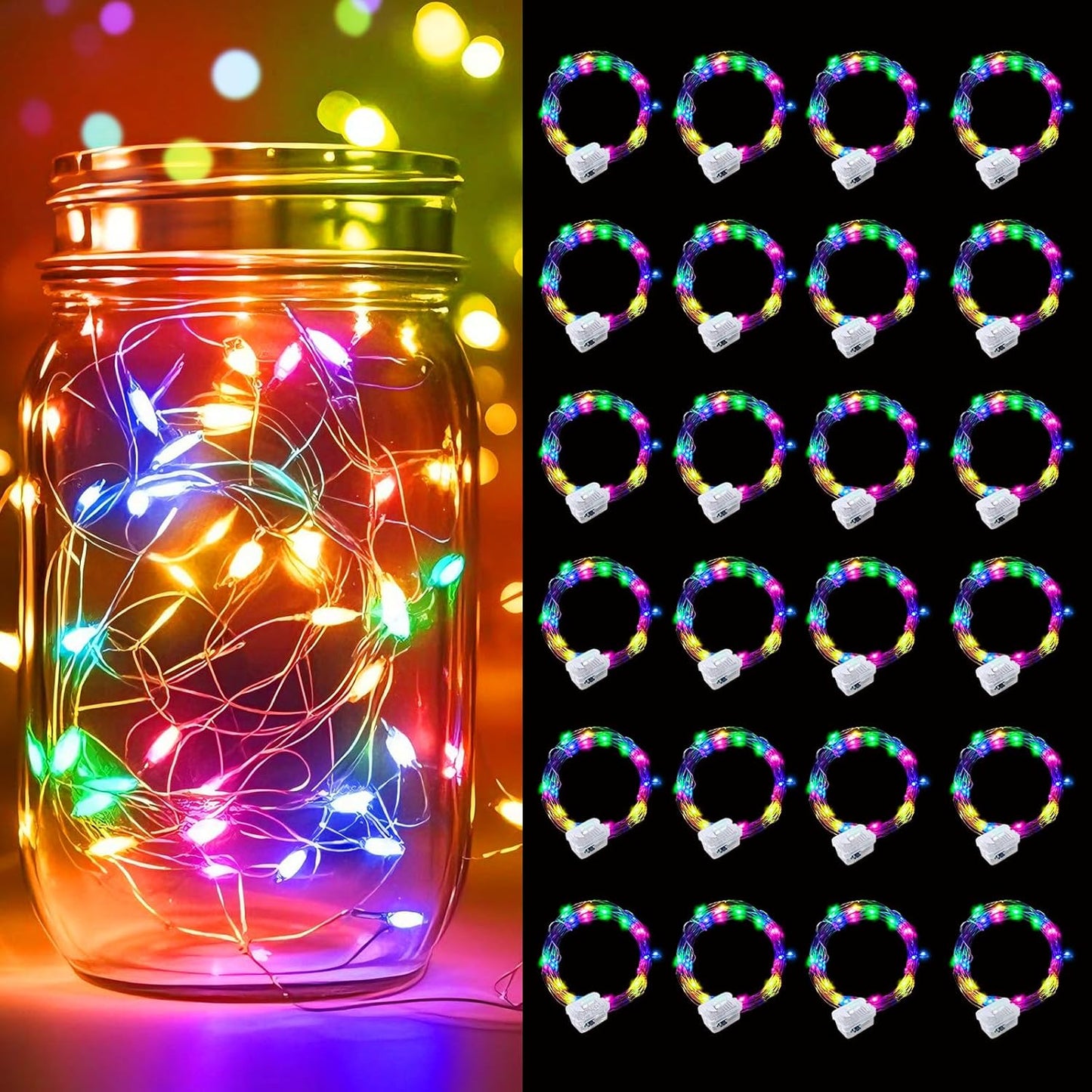 pozzolanas 24 Pack Multicolor Battery Operated String Lights - 7ft Waterproof Fairy Lights with 20 LEDs for Home, Mason Jar, Party, Wedding, Halloween, Christmas Decorations