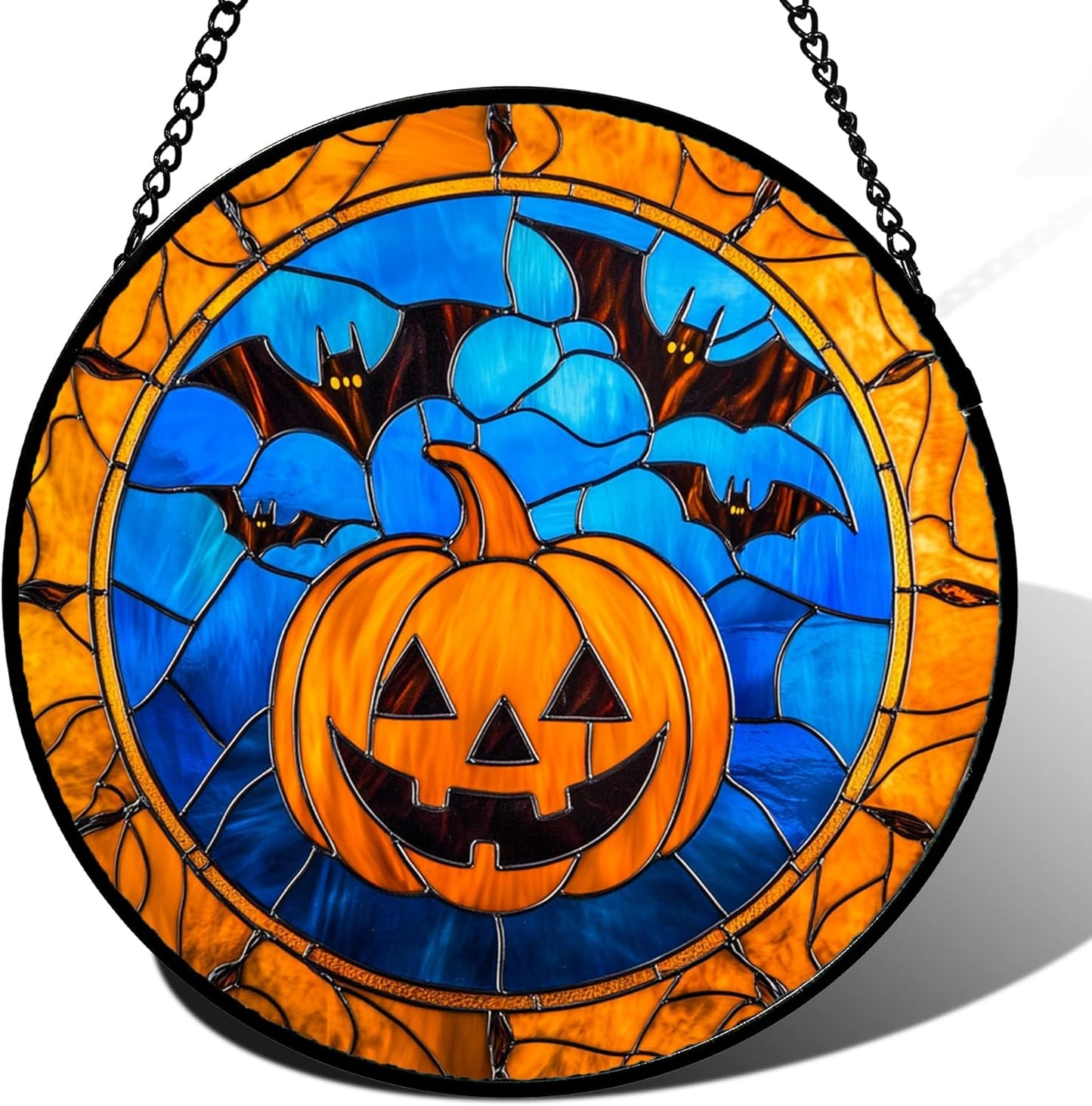 Stained Glass Window Hanging - Halloween Evil Pumpkin Suncatcher for Doors Window Garden Indoor Spooky Brown Bat Sun Catchers Gothic Decor Horror Gifts for Women Men Friend Boy Girl 15 in