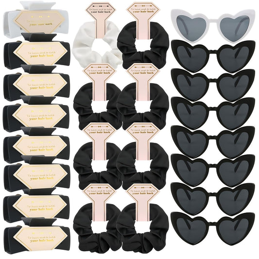 Bridesmaid Scrunchies Proposal Gifts Bachelorette Hair Claws Clips Girls heart sunglasses for Wedding Party Favors (White&Black)