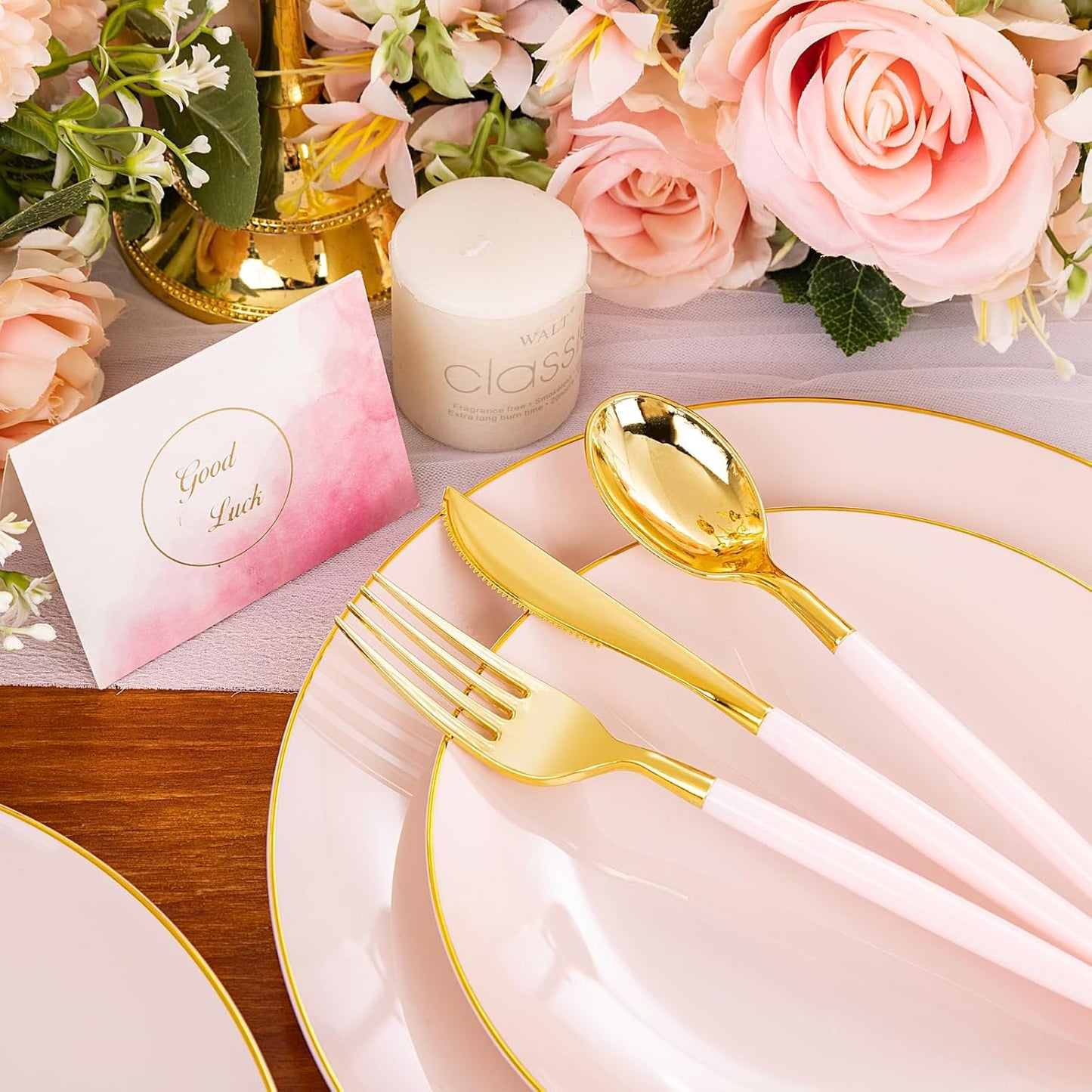Liacere 150PCS Plastic Plates-Gold Plastic Silverware with Pink Handle - Pink Disposable Plates Include 30 Guests Plates, Forks, Spoons, Knives for Wedding ＆ Easter Day ＆Mother's Day