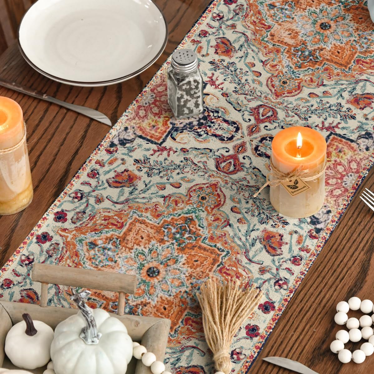 Artoid Mode Boho Bohemia Style Orange Table Runner, Country Rustic Farmhouse Magical Fall Kitchen Dining Table Decoration for Home Party Decor 13x90 Inch