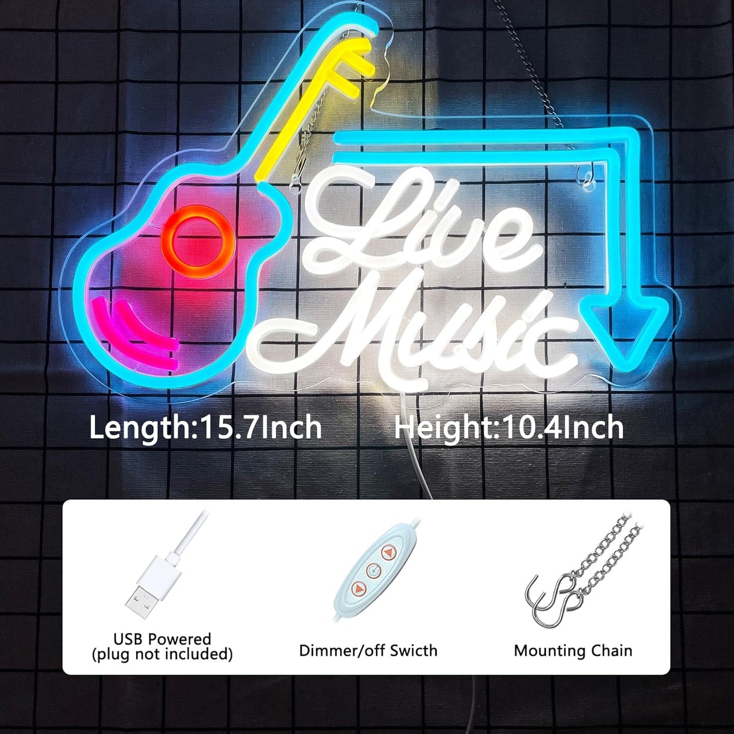 Live Music Neon Sign Led Wall Music Decor Man Cave Neon Light Up Signs Wall Art for Room Bedroom Home Bar USB Powered 15.7"x10.4"