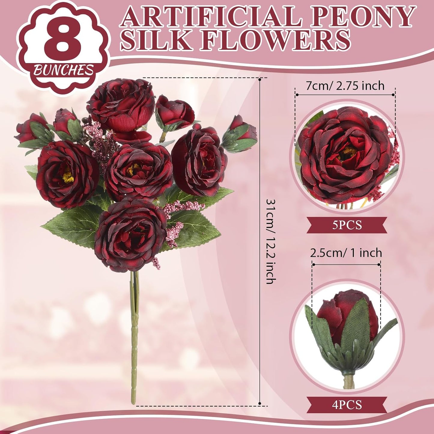 8 Bundles Artificial Peonies Flowers Boho Faux Flowers Arrangements Artificial Centerpiece Spring Bouquet Floral Wedding Decoration for Vase(Burgundy)