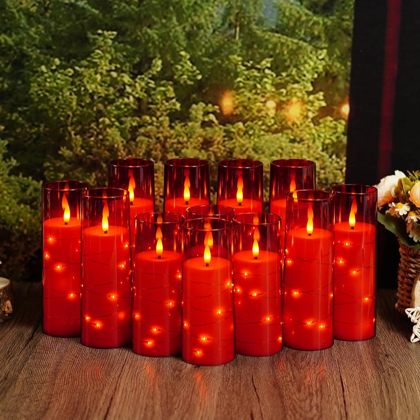 Flameless Candles with Embedded Star String - Battery Operated LED Candles, with Remote,12 Red Flickering Candles for Christmas, Weddings, Home Decor & Party,(D 2.3"×H 5" 6" 7")