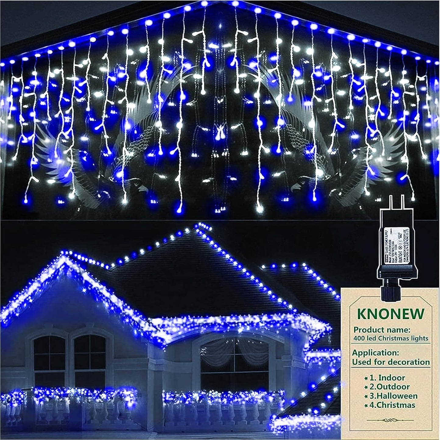 KNONEW Christmas Lights Outdoor Decorations 400 LED 33ft 8 Modes Curtain Fairy String Light with 75 Drops, Clear Wire LED String Light Indoor Decor for Wedding Party Christmas (Blue and White)