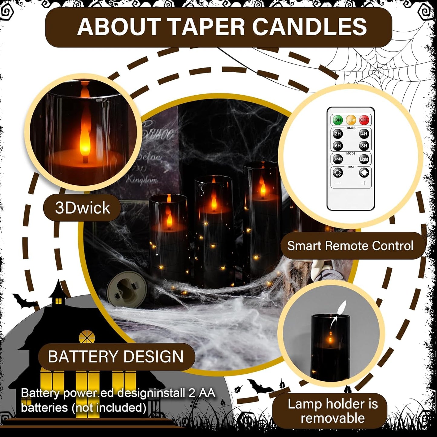 Flameless LED Candles with Timer 9 Pc Flickering Flameless Candles for Romantic Ambiance and Home Decoration Stable Acrylic Shell,with Embedded Star String,Battery Operated Candles（Black）