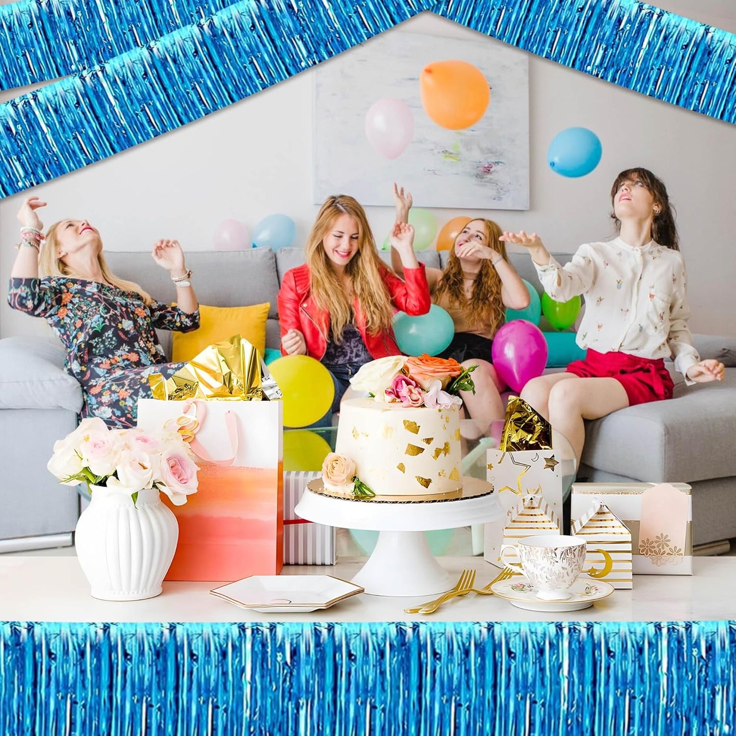 4 Pack 10 Ft Lake Blue Foil Fringe Garland Metallic Streamers Tinsel Banner Wall Hanging Garland Backdrop for Parade Floats, Halloween, Christmas, Thanksgiving, New Year Party Decorations