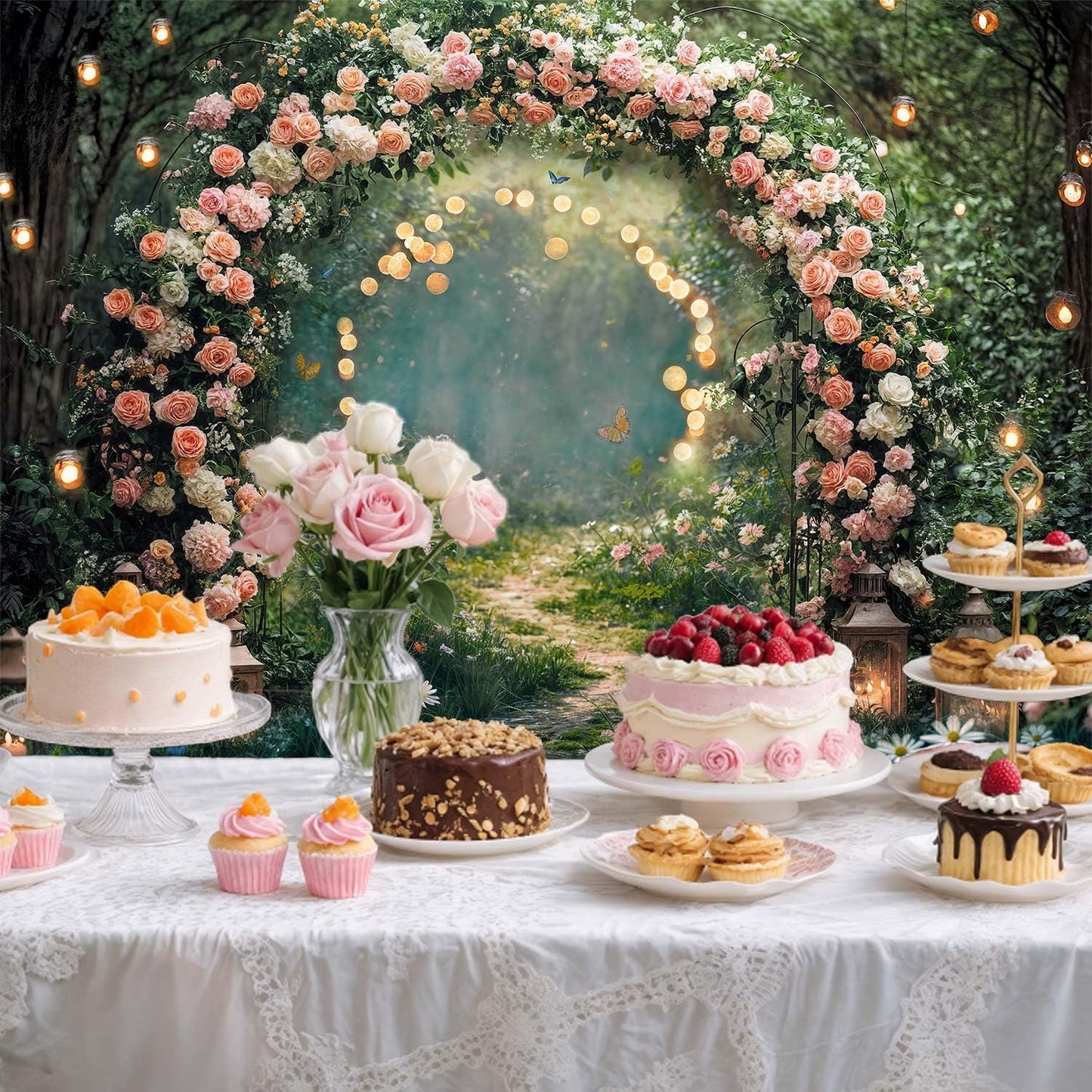 8x6ft Enchanted Forest Wedding Photography Backdrop Wonderland Roses Fairy Tale Backdrop Pink Flower Birthday Newborn Baby Shower Wedding Bridal Party Banner Photo Booth Props Anniversary Background
