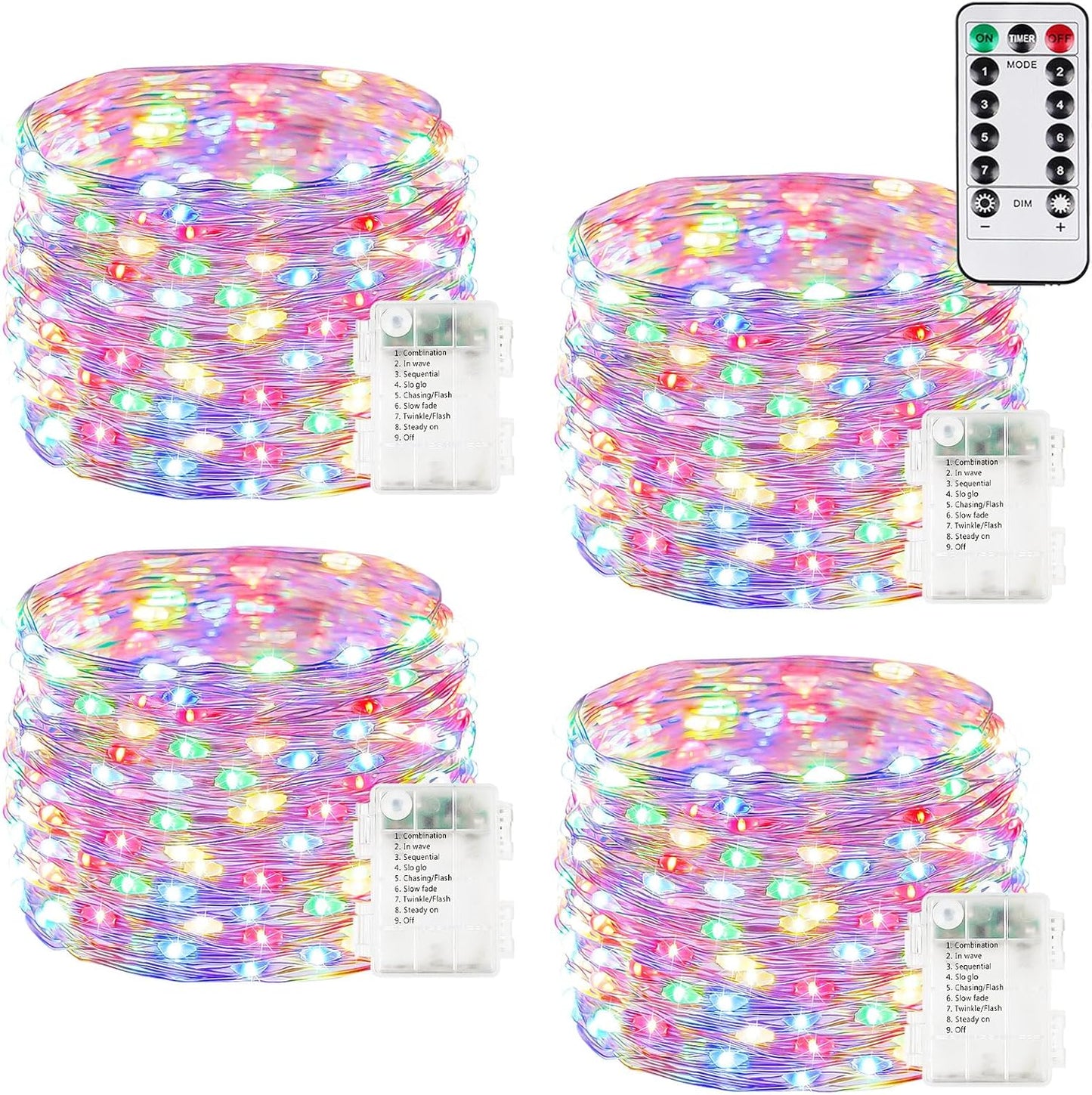 4Pack 80Ft 240LED Fairy Lights Battery Operated with Remote, Waterproof String Lights with Timer for Indoor & Outdoor, Twinkle Lights Battery Powered for Bedroom Christmas Decorations (Multicolor)
