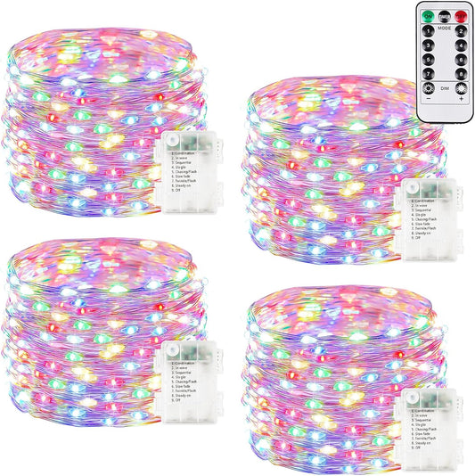 4Pack 80Ft 240LED Fairy Lights Battery Operated with Remote, Waterproof String Lights with Timer for Indoor & Outdoor, Twinkle Lights Battery Powered for Bedroom Christmas Decorations (Multicolor)