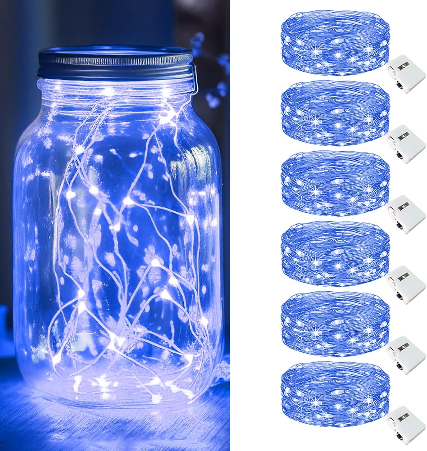 kolpop 6 Pack LED Fairy Lights Battery Operated, Mini Twinkle String Lights Battery Powered Waterproof for Christmas Mason Jars Party,Blue