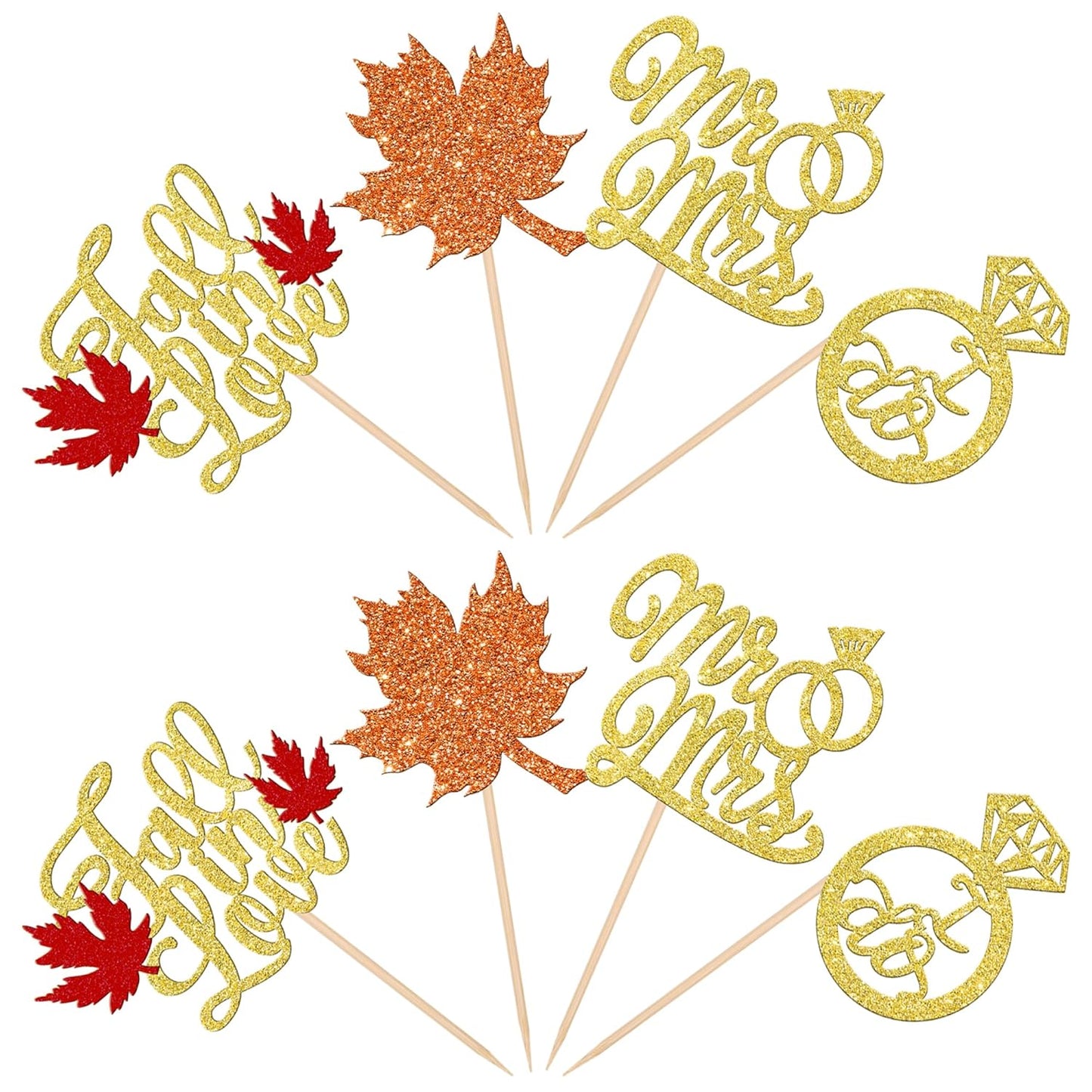 24 PCS Fall in Love Cupcake Toppers Glitter Maple Leaf Cupcake Picks Mr & Mrs Diamond I Do Cupcake Decorations for Autumn Wedding Engagement Bridal Shower Theme Party Cake Decorations Supplies