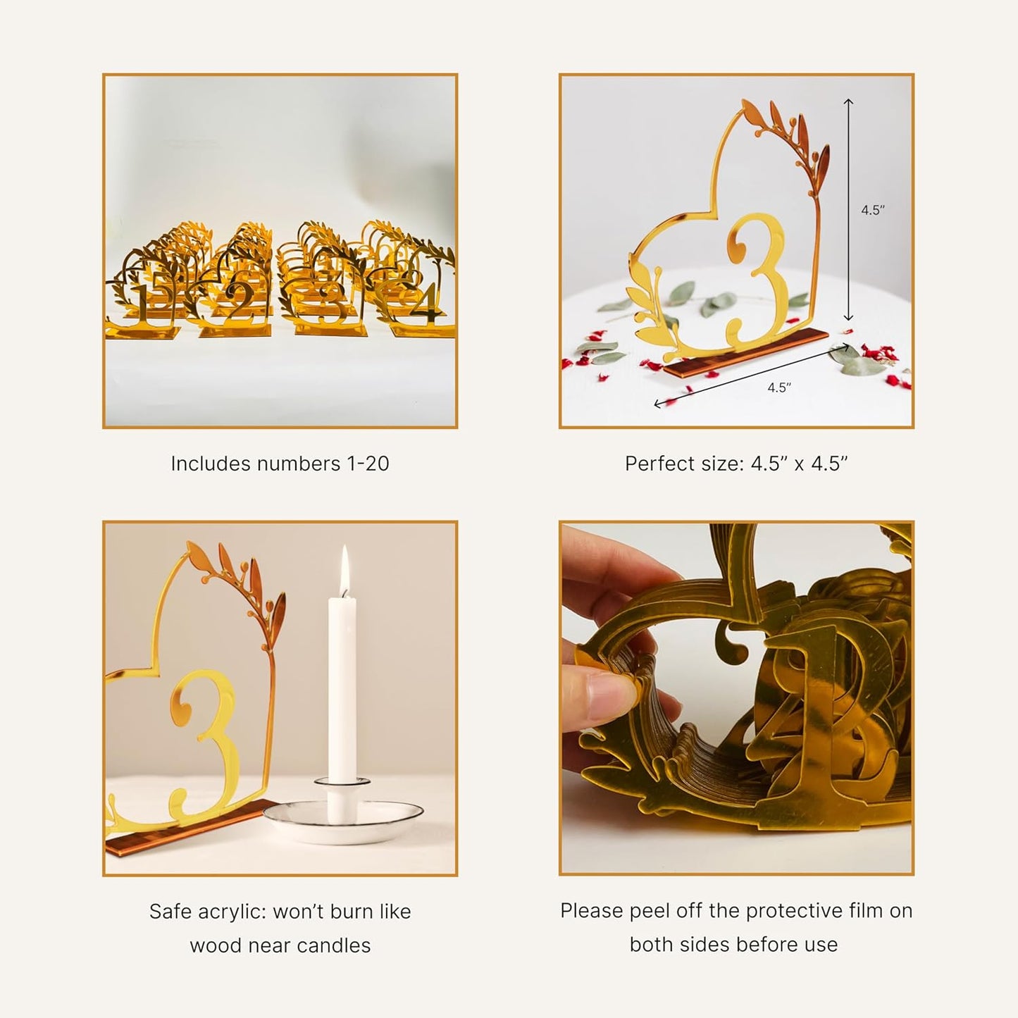 Gold Acrylic Heart-Shaped Table Numbers 1-20 for Weddings, Anniversaries, Parties, Birthdays, Events | 4.5" x 4.5"