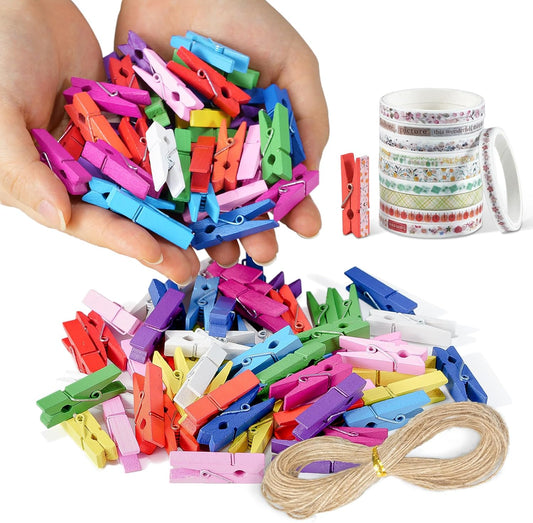 Mini Clothespins, Sopito 100 Pcs 1.4'' Strong Mini Clothespins for Photos with 10 Pcs Washi Tapes and 43 Ft Jute Twine, Colorful Wooden Small Clothes Pins for Picture, Crafts, Baby Shower