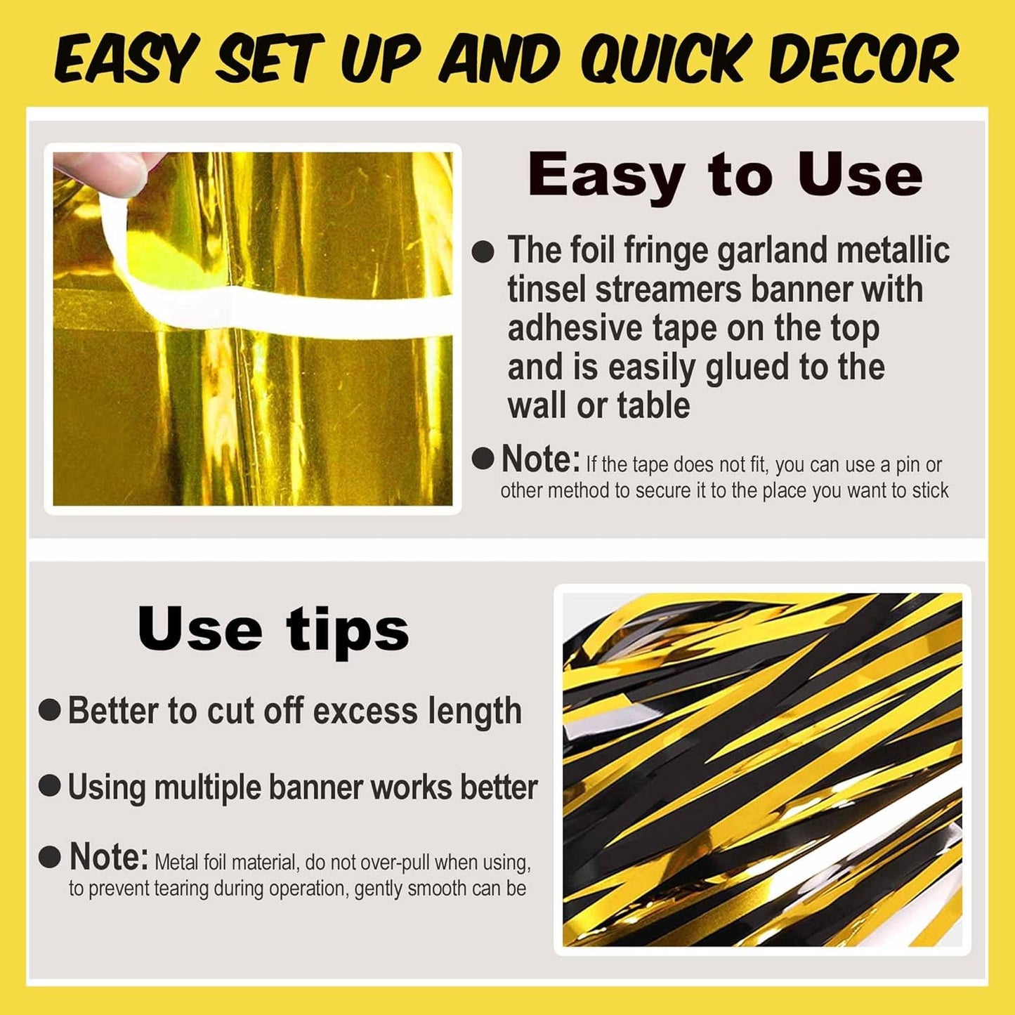 6 Pack 10 Ft Black and Gold Foil Fringe Garland Metallic Streamers Tinsel Banner Wall Hanging Garland Backdrop for Parade Floats, Halloween, Christmas, Thanksgiving, New Year Party Decorations