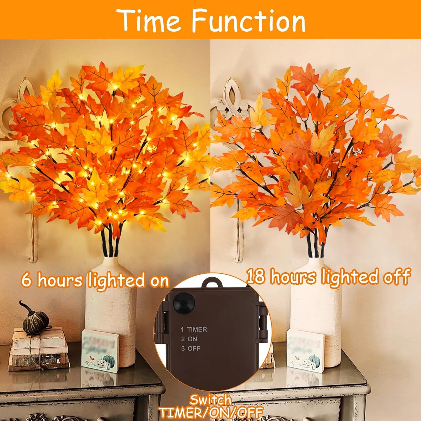 3Pcs 30”Lighted Maple Leaves Branches Stems with Timer Battery Operated 60 LEDs Fall Artificial Maple Branches with Lights for Vases Autumn Home Thanksgiving Halloween Christmas Decoration