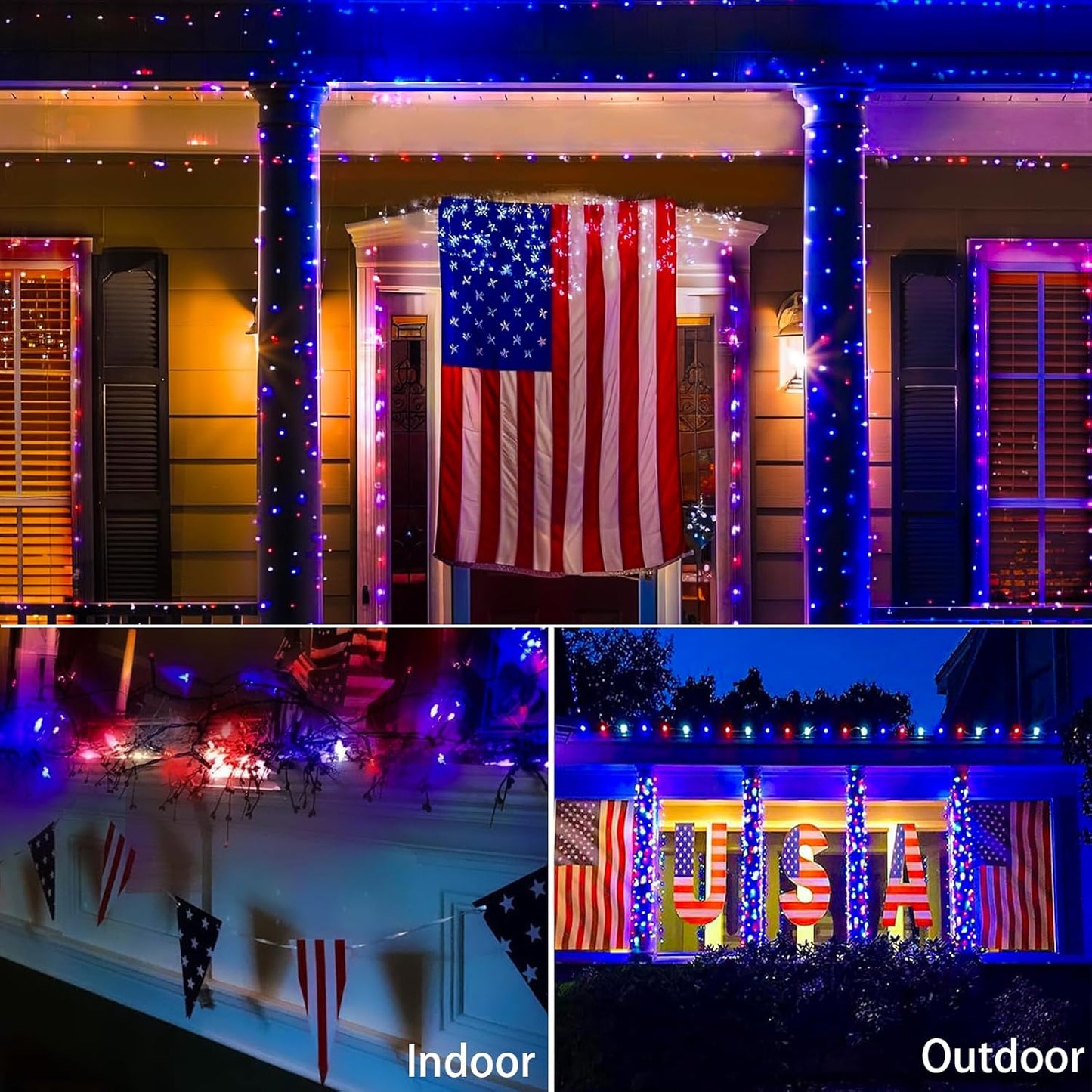 4th of July Decorations Lights Red White & Blue 200 Count 40 Feet Patriotic Mini String Lights Waterproof Independence Day for Indoor Outdoor Christmas Party Patio Memorial Day Décor