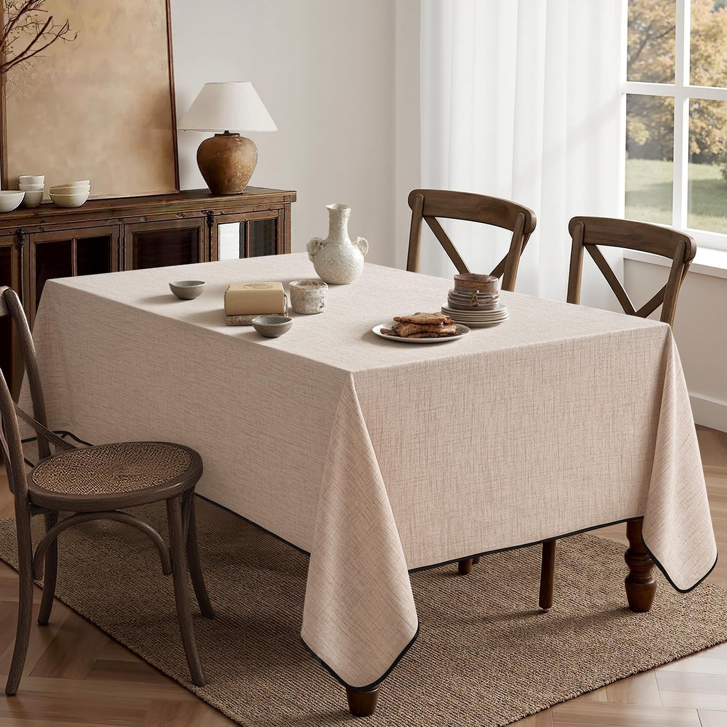 MIULEE Natural-Black Linen Tablecloth 60x104 Inch Rectangle Table Cloth Waterproof,Stain Resistant & Wrinkle Resistant for Dining Party Wedding