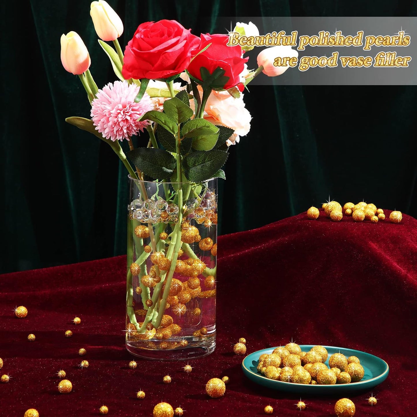 150 Pieces Vase Filler Faux Pearls Vase Makeup Beads No Hole Gloss Bead Mixed Sizes Round Pearl for Home Party Wedding Decor, 8/14/20 mm(Glitter Gold)